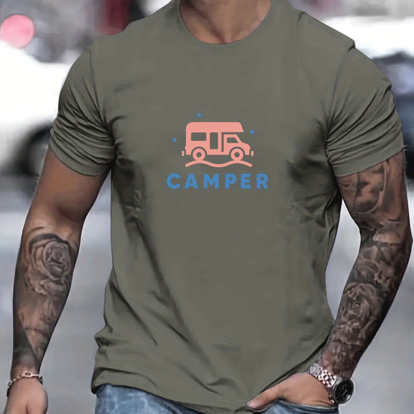 

Camping Car Pattern T-shirt, Men's Casual Street Style Stretch Round Neck Tee Shirt For Summer