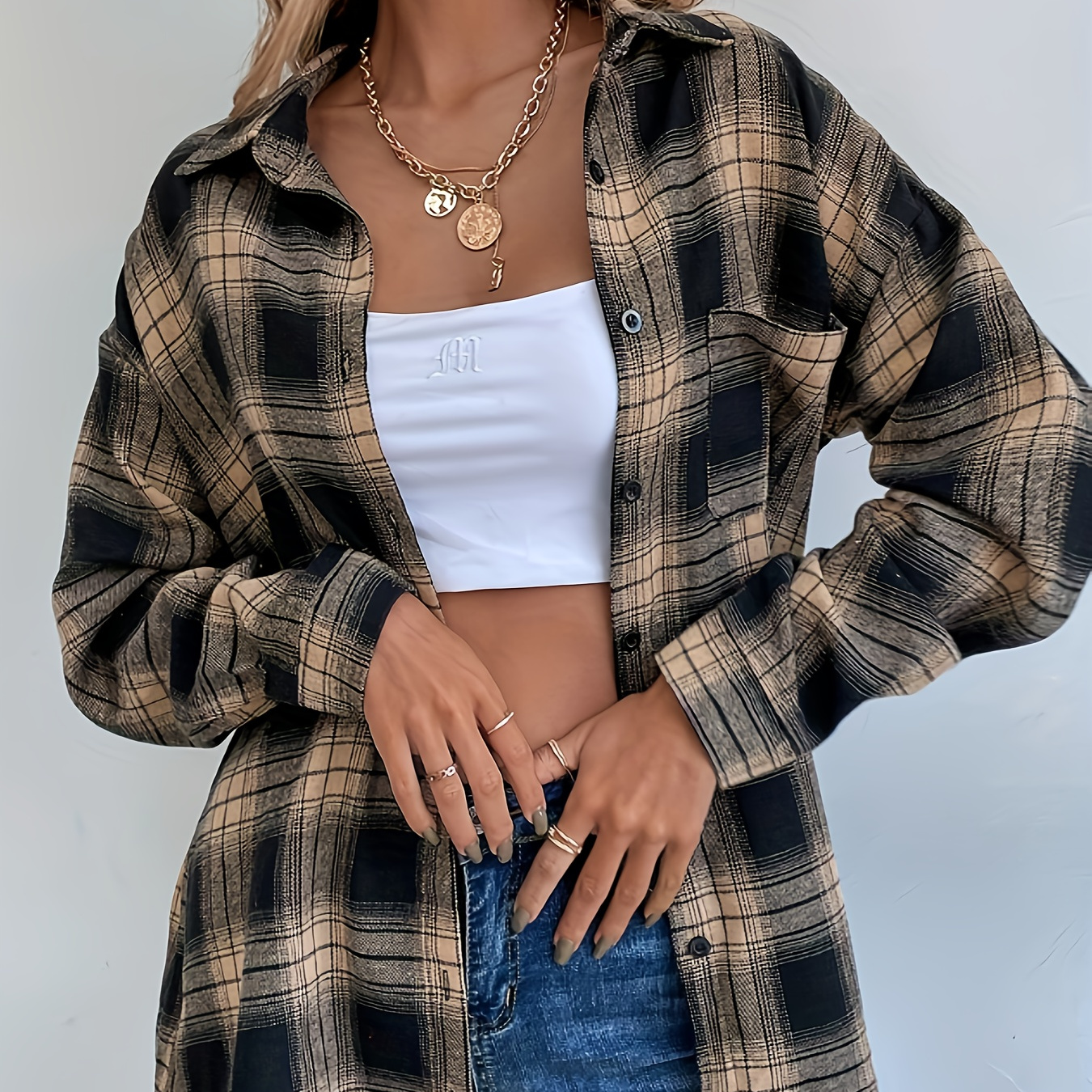 

Plaid Print Button Front Shirt, Casual Cuff Sleeve Shirt For Spring & Fall, Women's Clothing