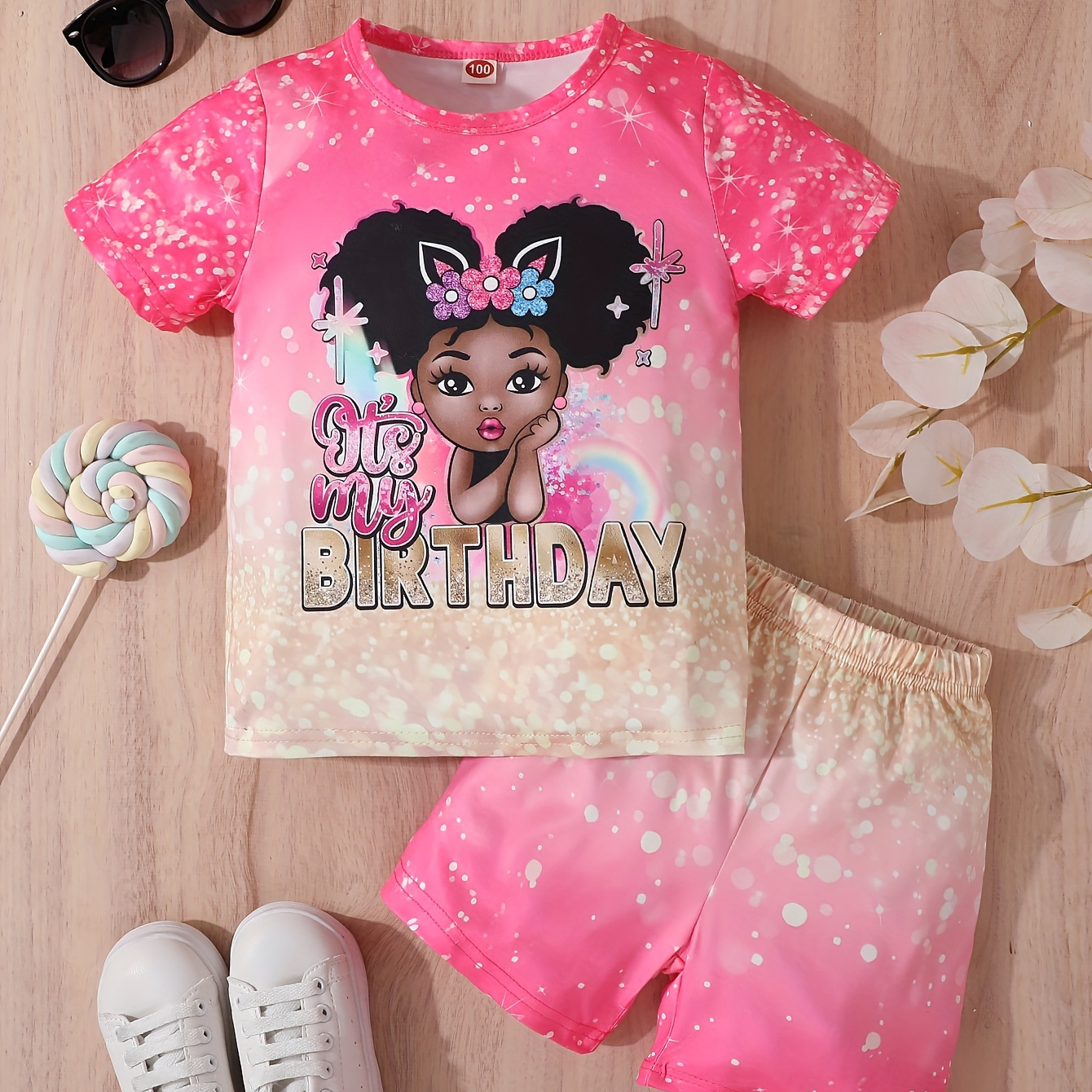 

'it's My Birthday' Print Girl's 2pcs, Figure Graphic Short Sleeve Top +shorts Set 2-piece Summer Outfit