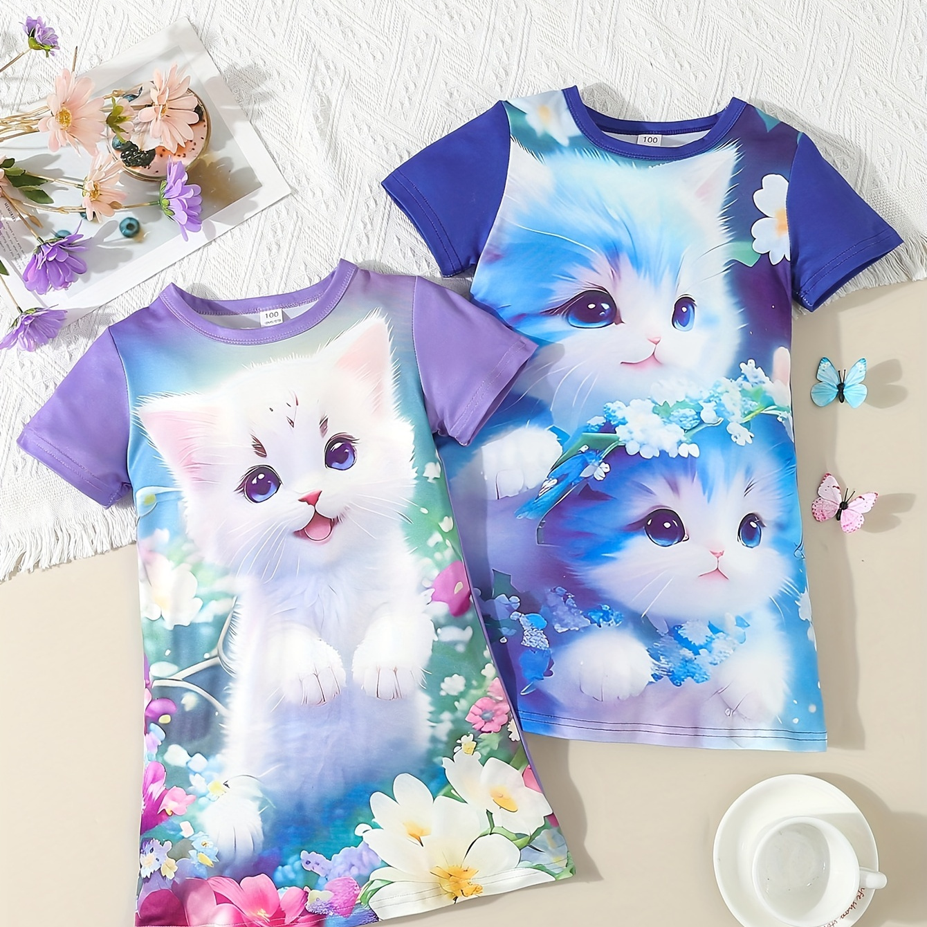 

2pcs/set Girls Sweet Kitty Graphic Round Neck T-shirt Dresses Set
