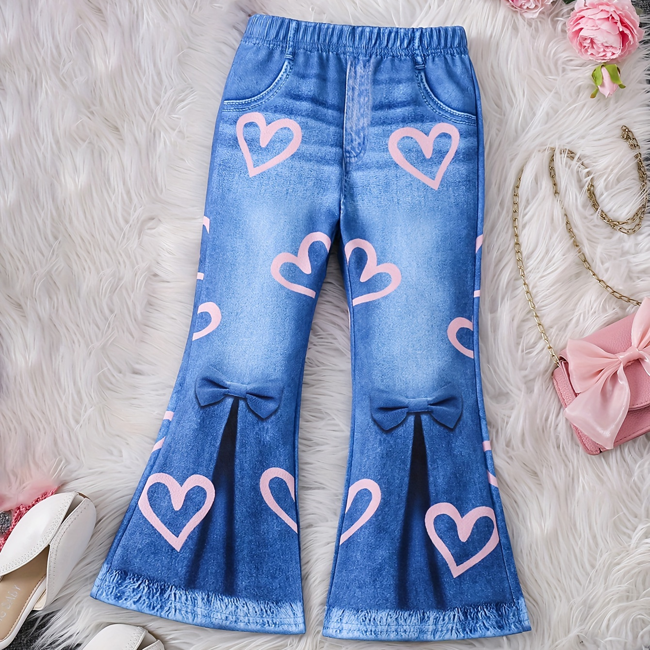 

Girls' Fashionable Long Flared Jeans Print, Casual Spring/summer/autumn Fabric Pants, Waist, No Belt, False Pocket, Polyester 95%, Spandex 5% - Pattern Bell Bottoms