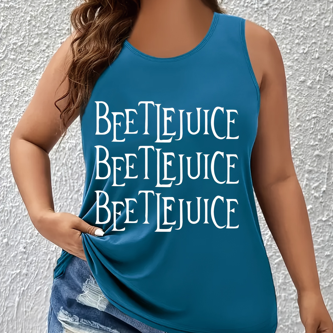 

Plus Size Bee Tlejuice Print Tank Top, Casual Sleeveless Crew Neck Top For Summer & Spring, Women's Plus Size Clothing