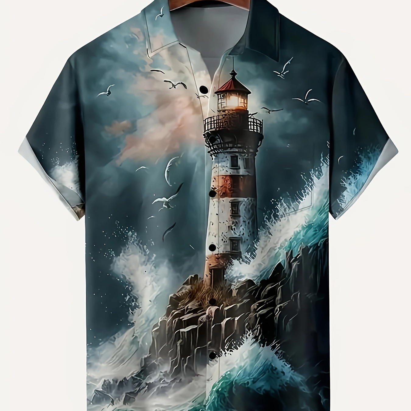 

Plus Size Men's 3d Lighthouse Print Shirt Short Sleeve Shirt, Men's Clothing