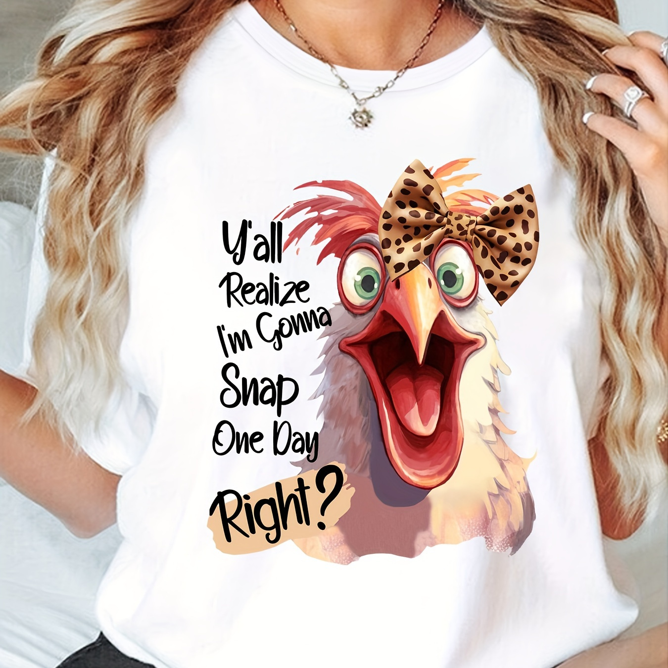 

Women's Casual Round Neck T-shirt With Leopard Print Bowtie & Chicken Graphic, Short Sleeve Tee For Spring & Summer, Sporty & Daily Wear Tops