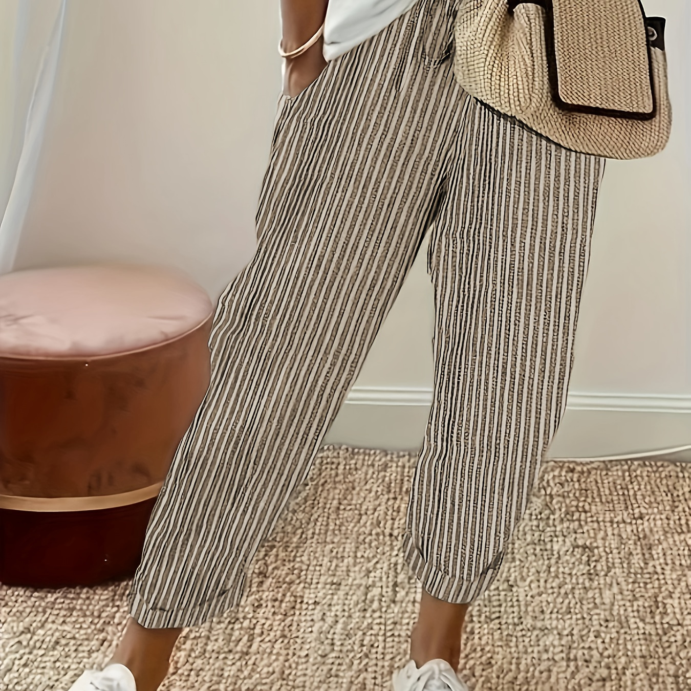 

Chic Striped Cropped Wide-leg Pants With Slant Pockets - Polyester, Machine Washable, Casual Vacations