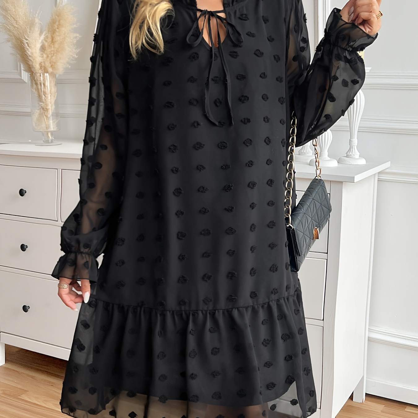 

Plus Size Solid Swiss Dot Ruffle Hem Dress, Elegant Long Sleeve Tie Neck Dress For Spring & Fall, Women's Plus Size Clothing