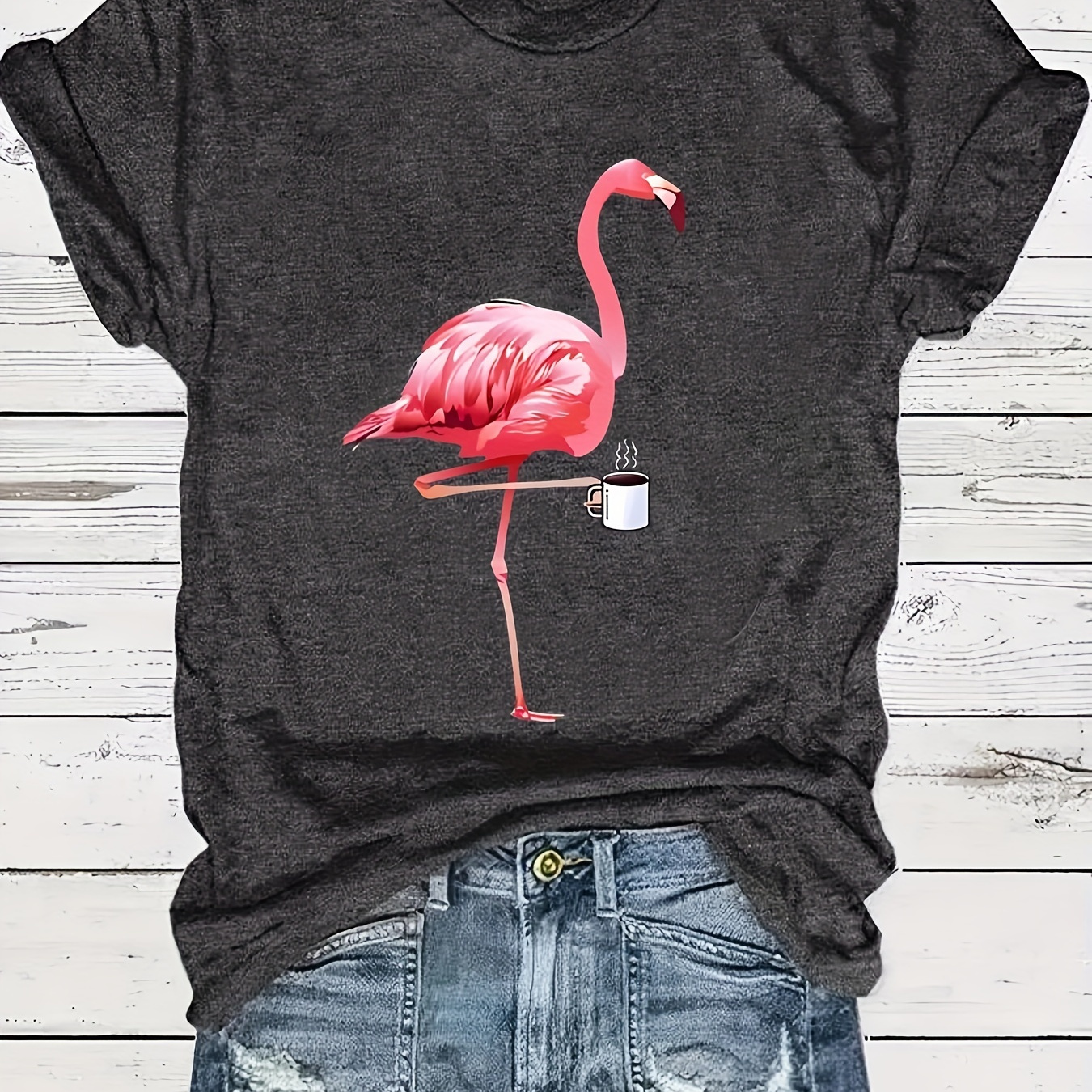 

Flamingo Print T-shirt, Casual Crew Neck Short Sleeve Top For Spring & Summer, Women's Clothing