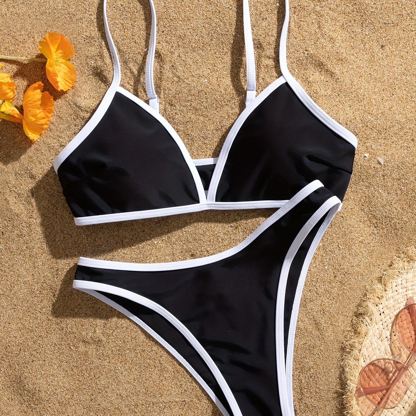 

Ensemble Bikini 2 Pièces À Bordure Contrastée, Maillots de Bain Coupe Haute Extensible À Col En V, Maillots de Bain Et Vêtements Pour Femmes