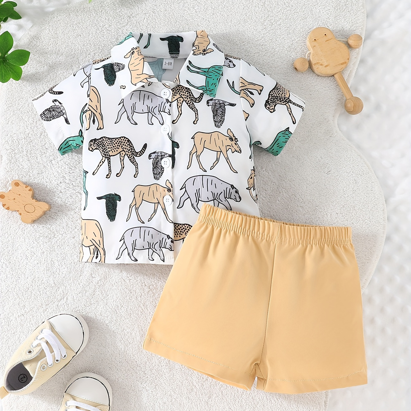 

2pcs Baby's Cartoon Animals Pattern Summer Set, Short Sleeve Shirt & Shorts, Baby Boy's Clothing, As Gift