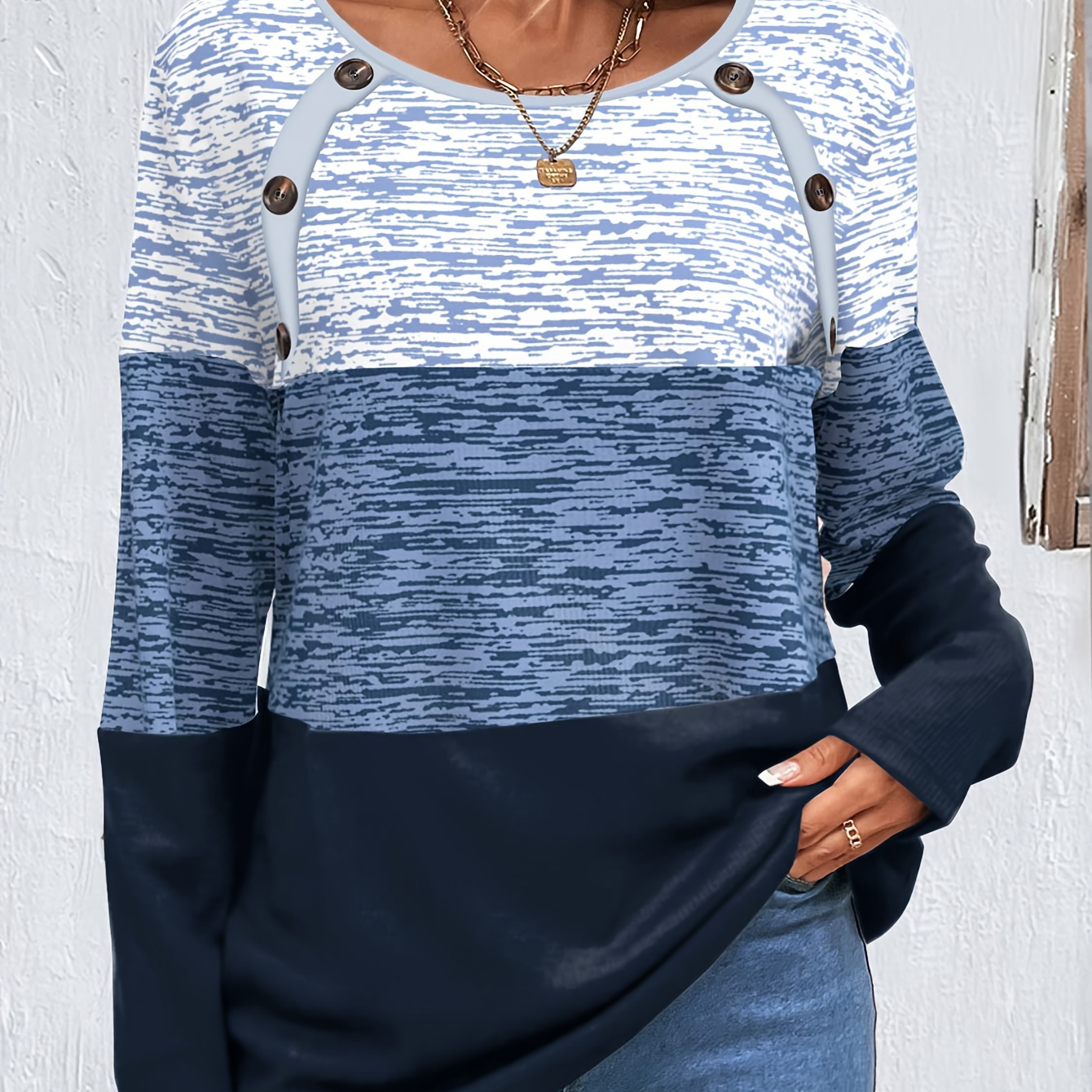 

Colorblock Stripe Print Crew Neck T-shirt, Casual Long Sleeve Top For Spring & Fall, Women's Clothing