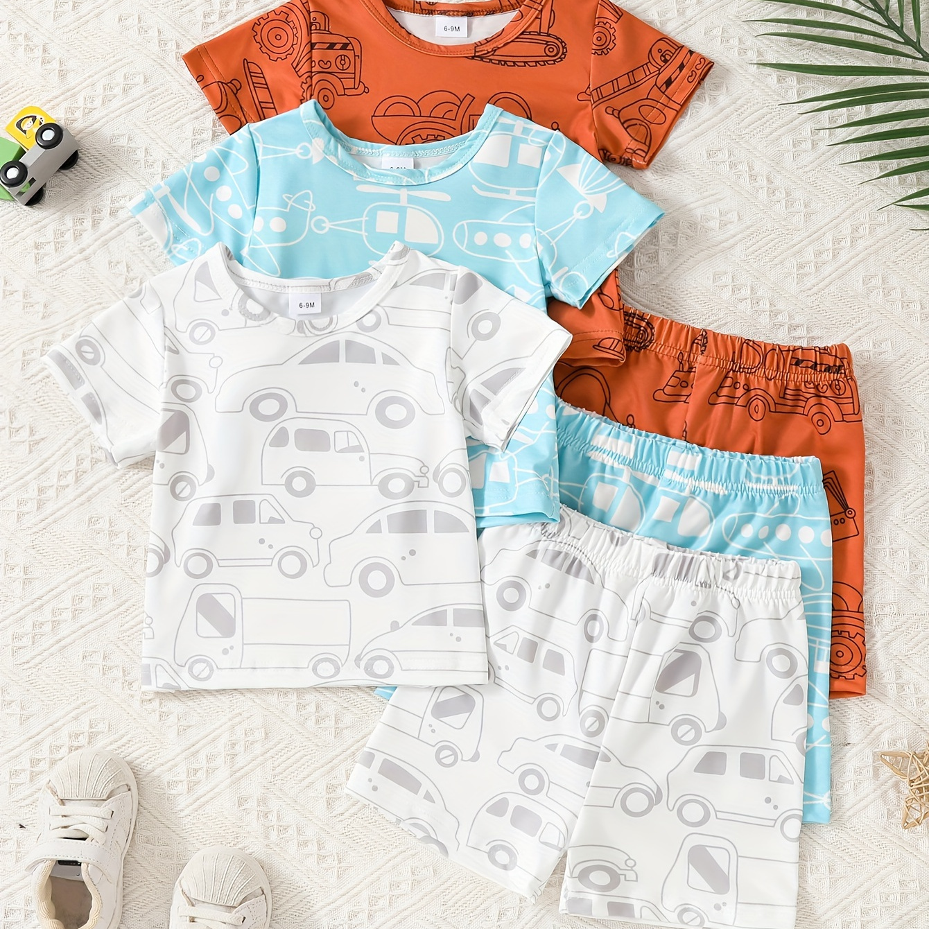 

3 Sets Baby Boys Cartoon Car Pattern Outfit, Short Sleeve Tee Tops & Shorts Set, Comfortable Casual Versatile Summer Clothing