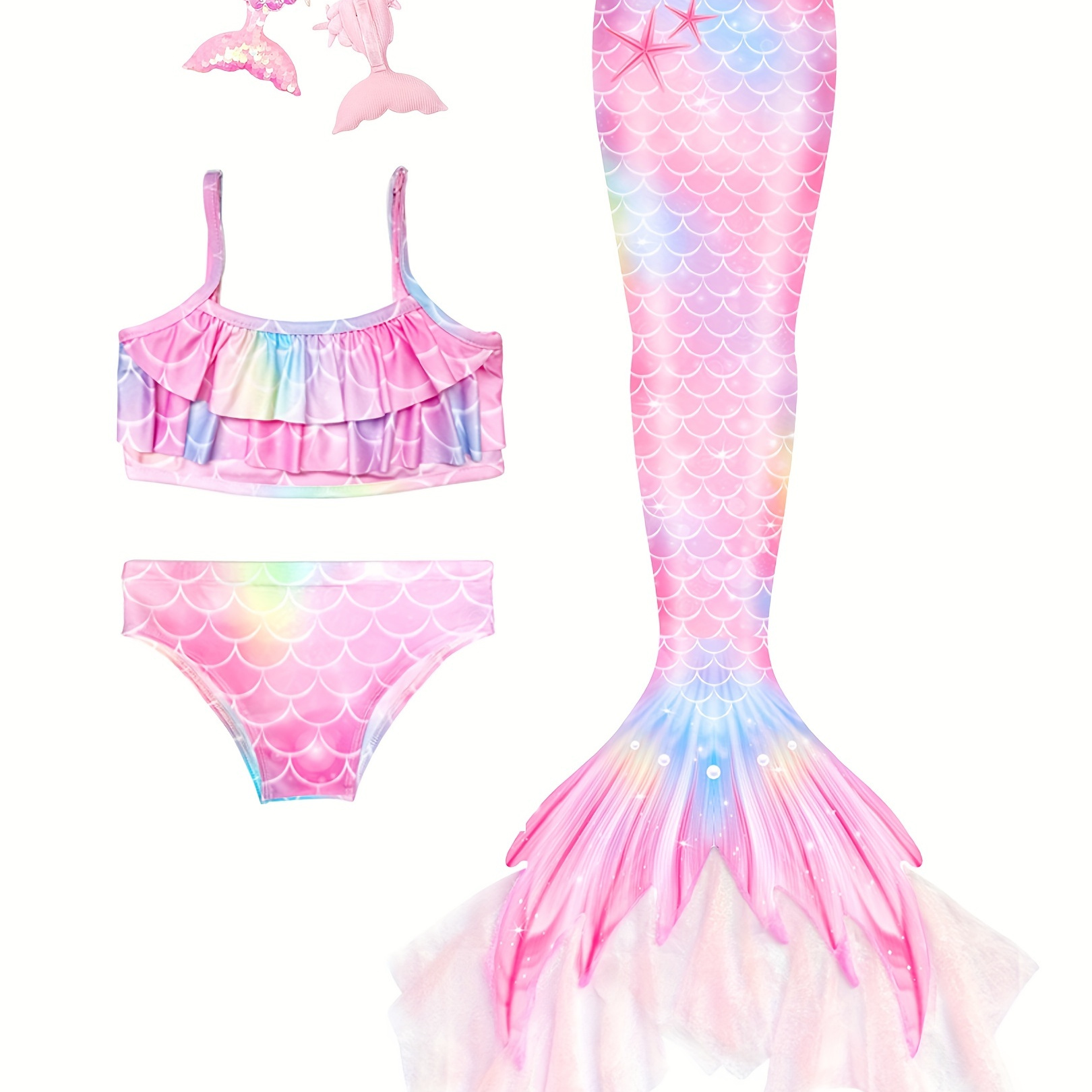 

3pcs/set Girls Bikini Swimsuit Scales Graphic Ruffle Trim Cami Top & Shorts & Mermaid Tail Princess Halloween Cosplay Costumes Kids Summer Beach Clothes Bathing Suits