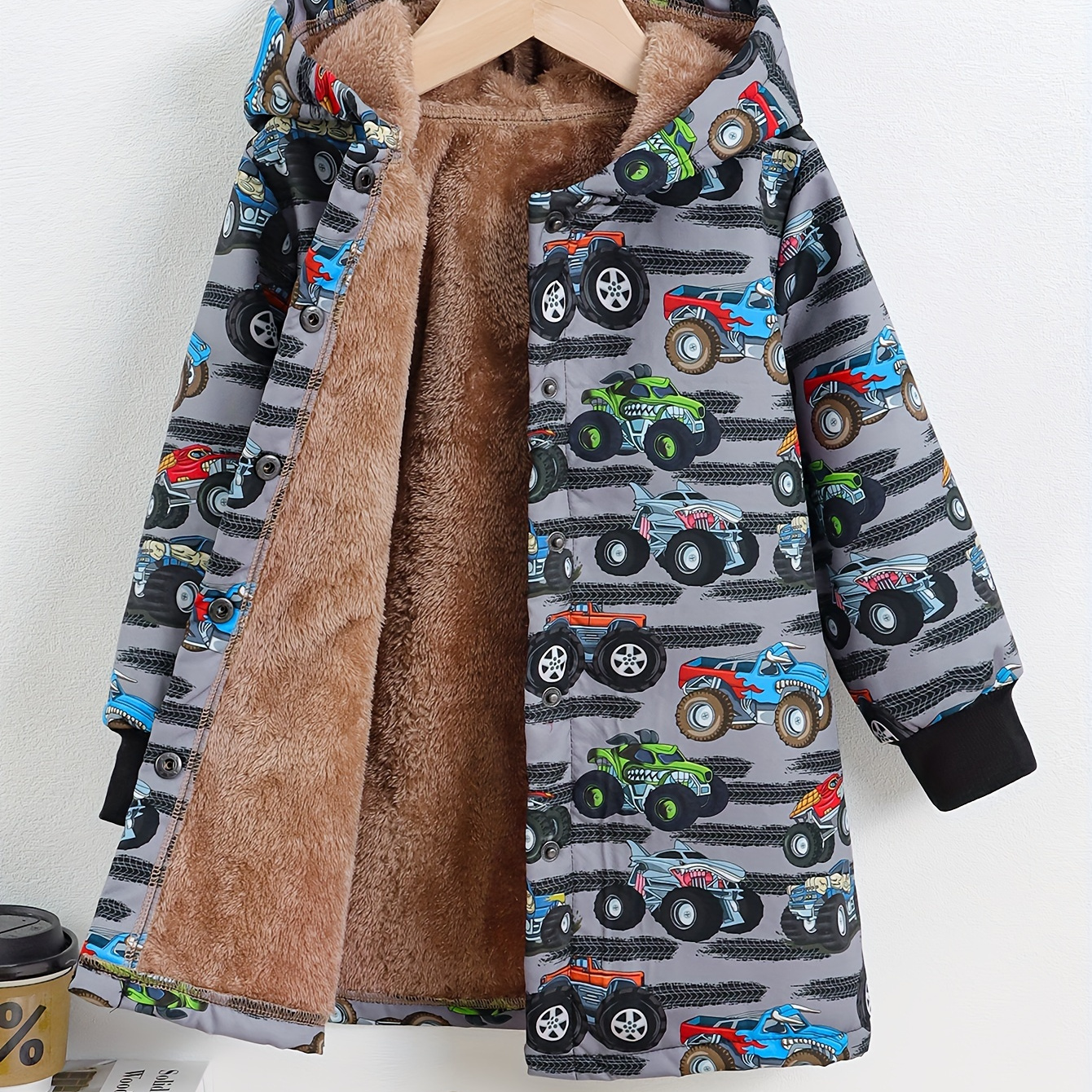 

Boys Cartoon Cars Print Hooded Long Jacket, Long-sleeved Casual Zip Up Jacket, Boys Clothes For Fall Winter