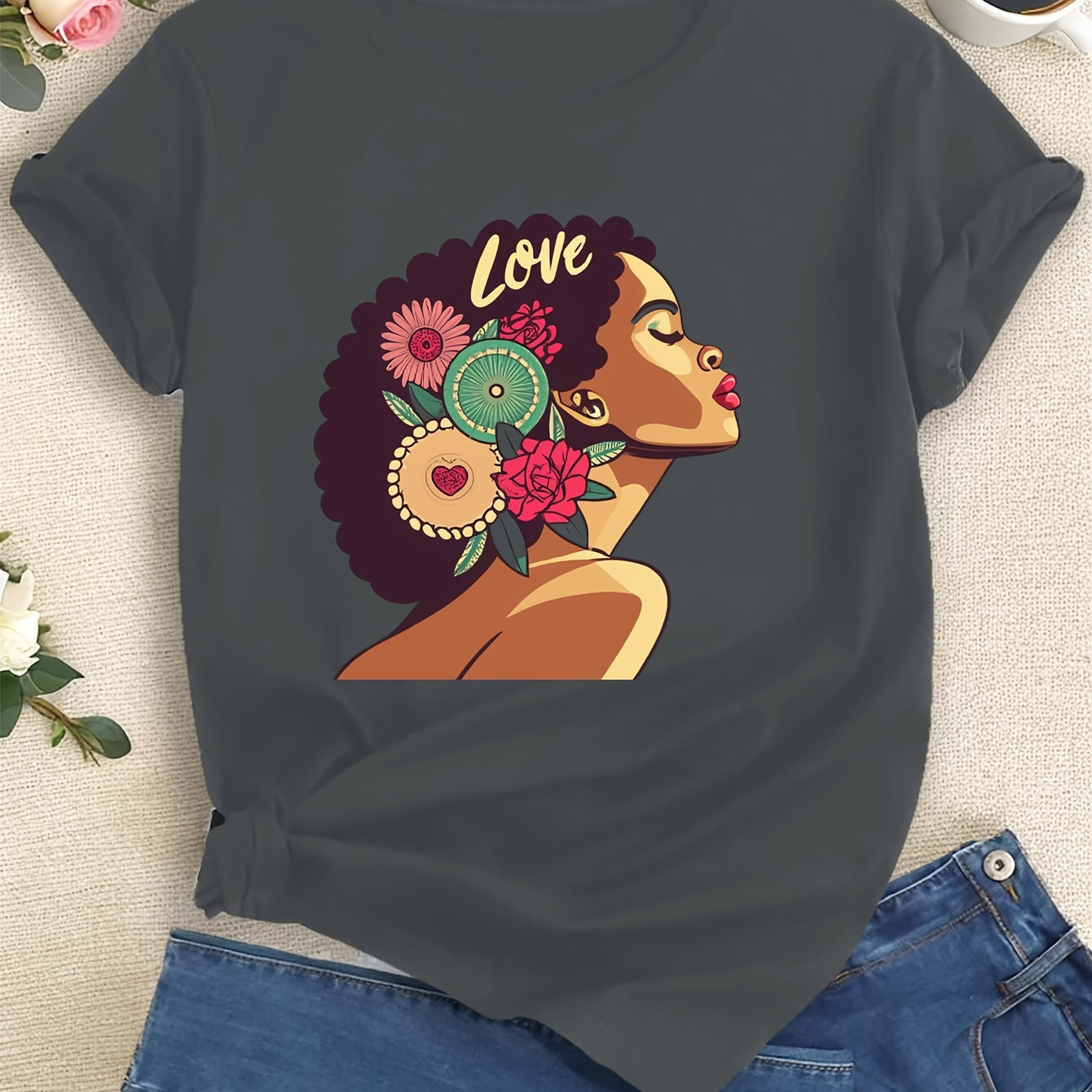 

Afro Love, Worthy, Self Love Print T-shirt, Short Sleeve Crew Neck Casual Top For Summer & Spring, Women's Clothing