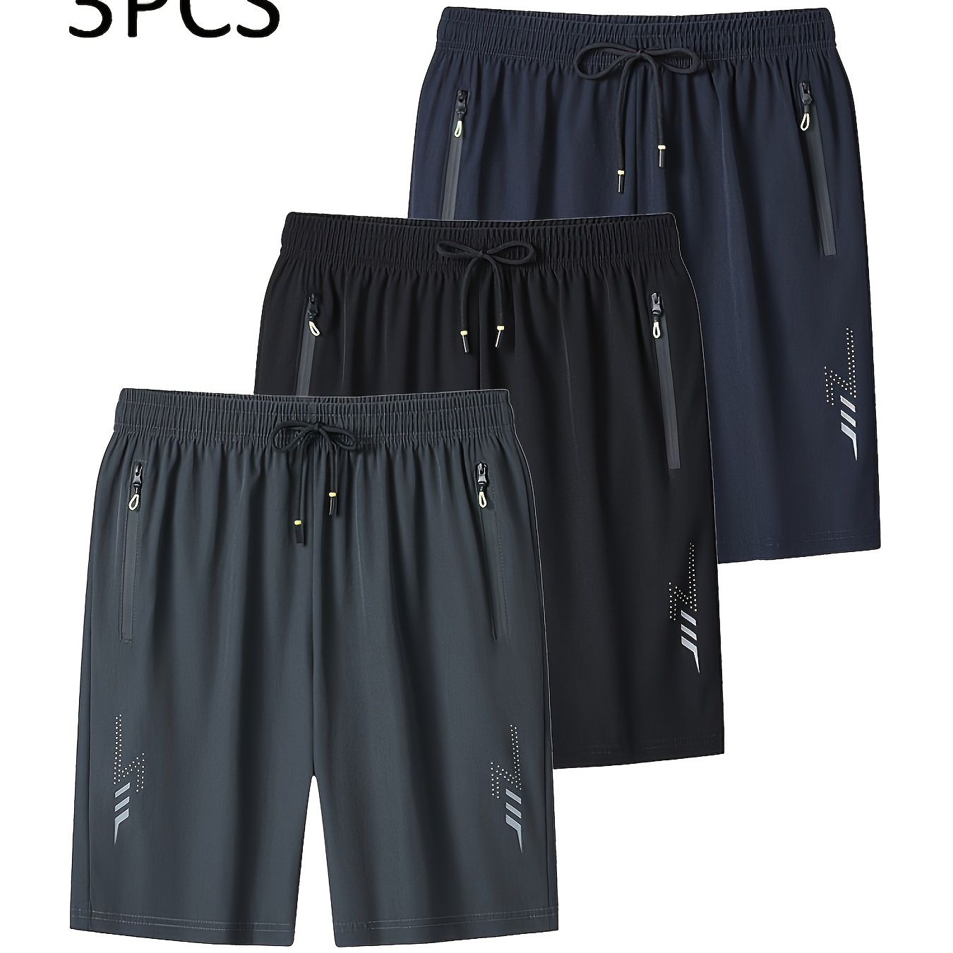 

3 Pcs Men's Solid Shorts With Zipper Pockets, Active Elastic Waist Drawstring Shorts For Summer