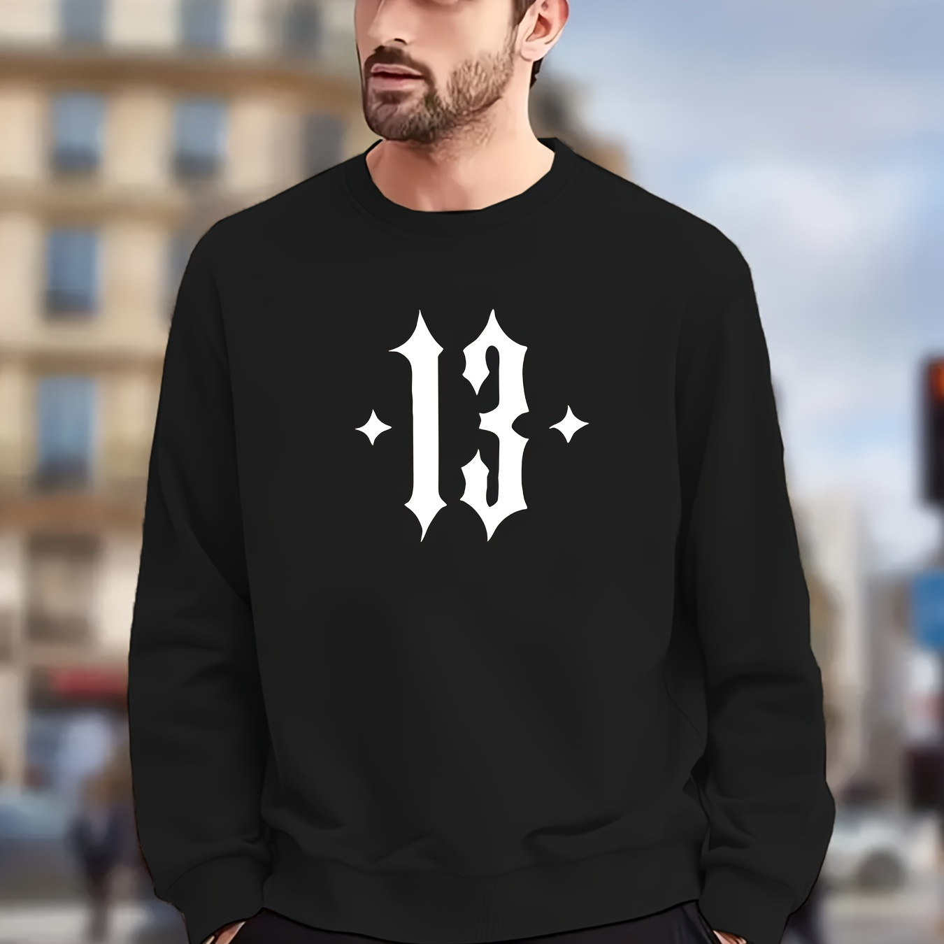 

Number 13 Print Sweatshirt For Men, Casual Long Sleeve Top, Men's Clothes