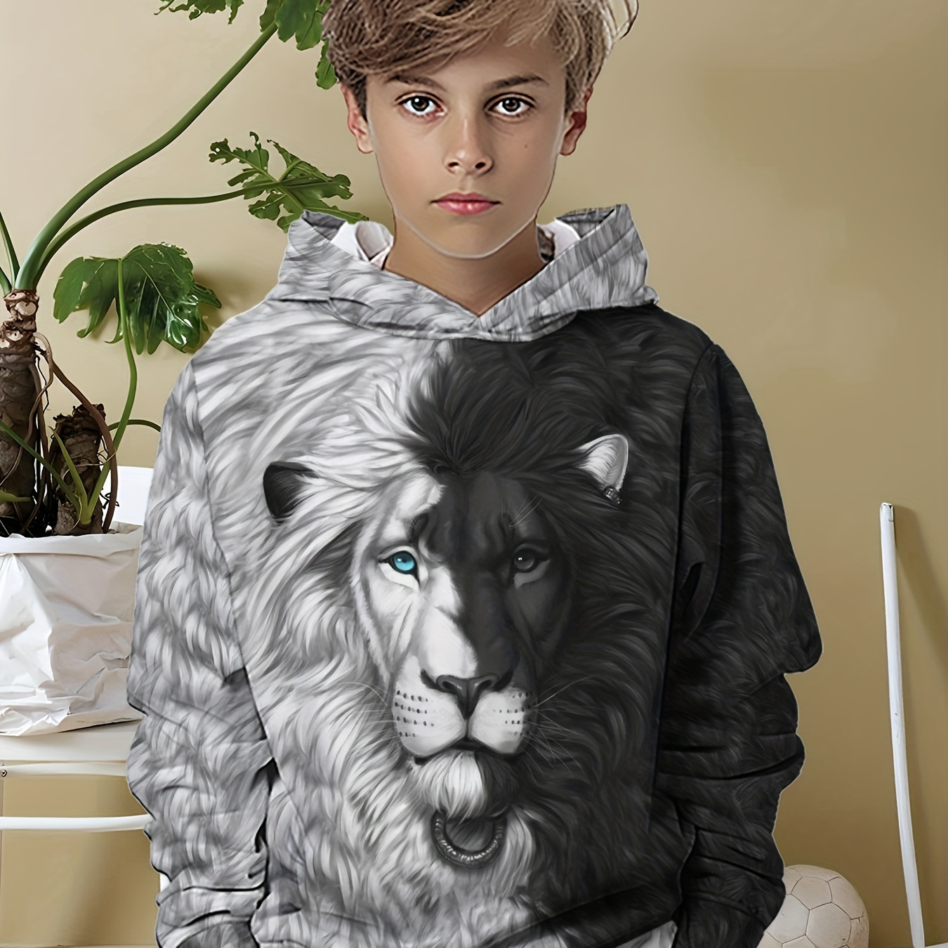 

Boys Lion Graphic Hooded Sweatshirt, Soft Polyester Blend, Long Sleeve, Spring/autumn Wear, Suitable For 14 Years Old And Below