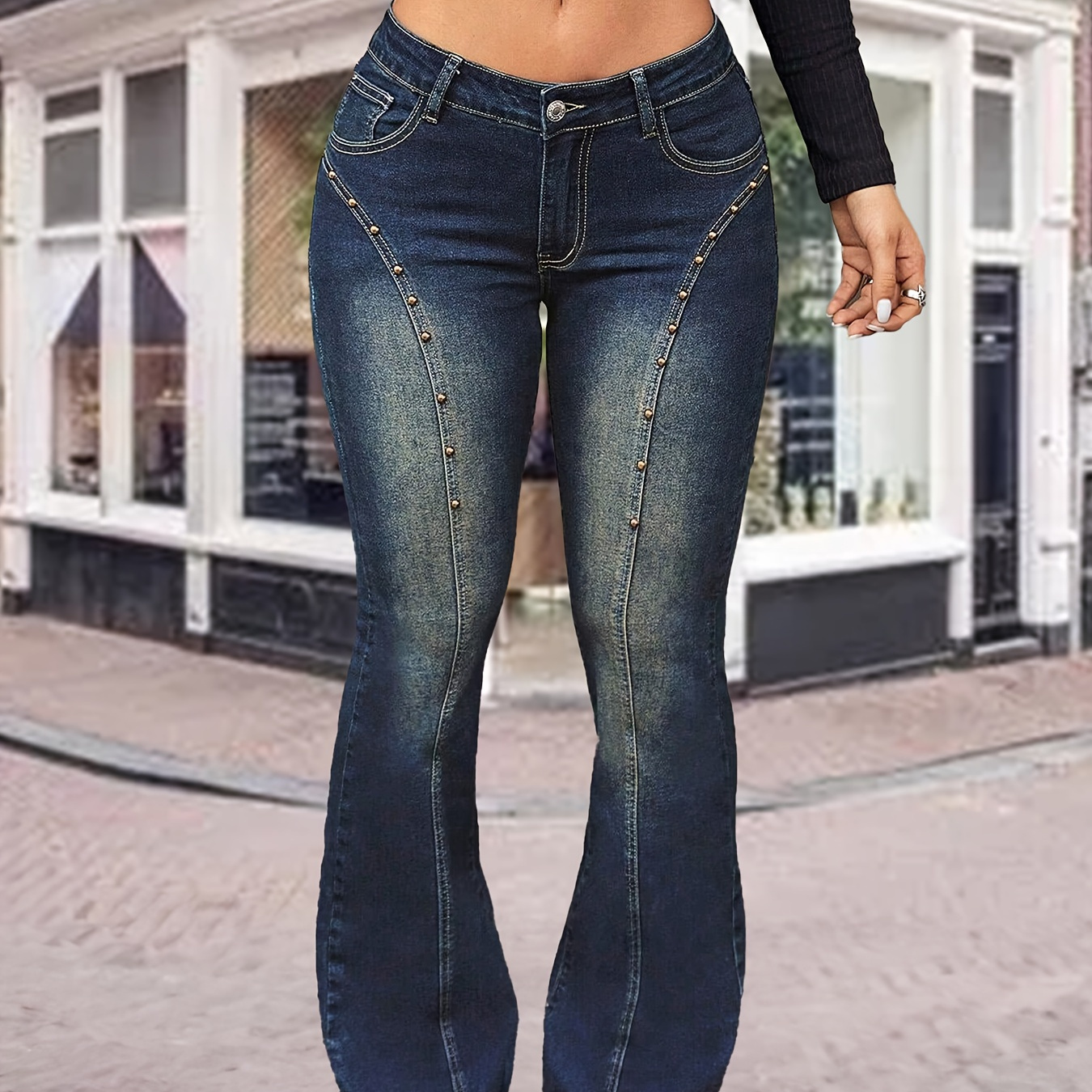 

Women's Fashion Plus Size Flared Denim Jeans, Elegant Style, High-waist Stretch Bell-bottom Pants With Pocket Detail, Casual Chic Streetwear For Fall