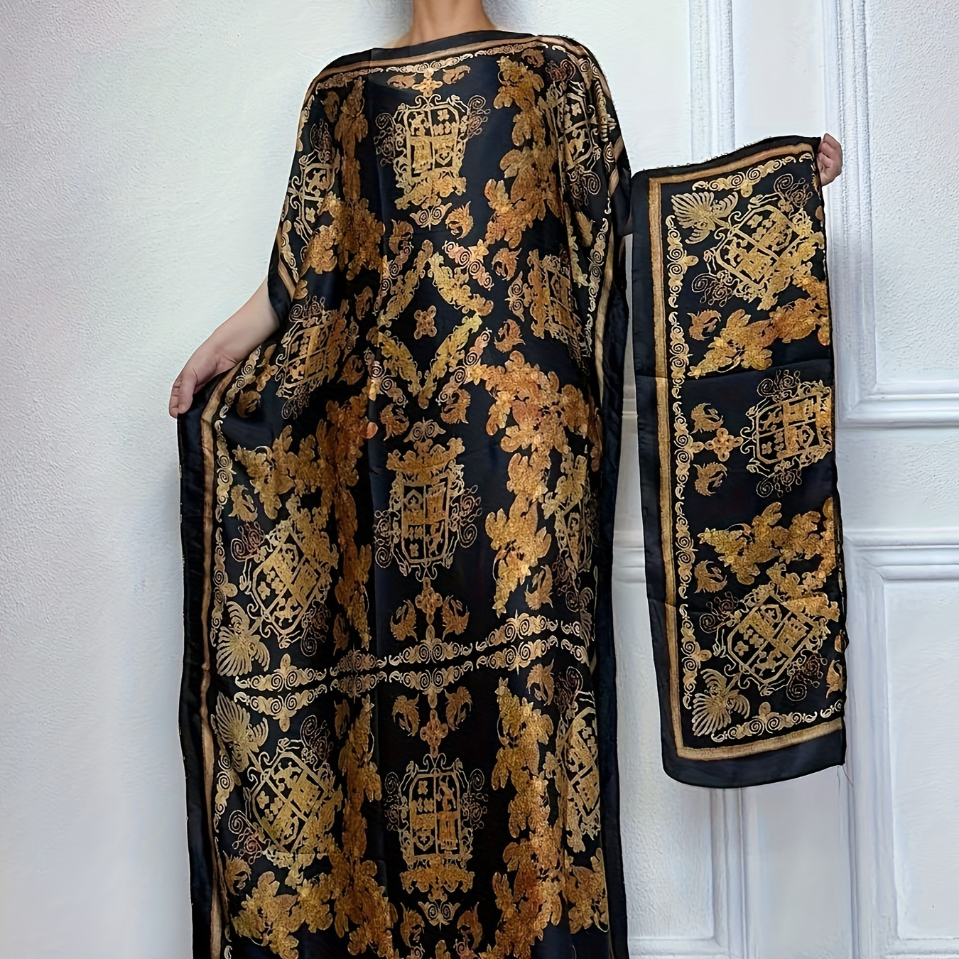 

Floral Print Crew Neck Long Sleeve Kaftan Dress, Elegant Maxi Length Dress, Women's Clothing