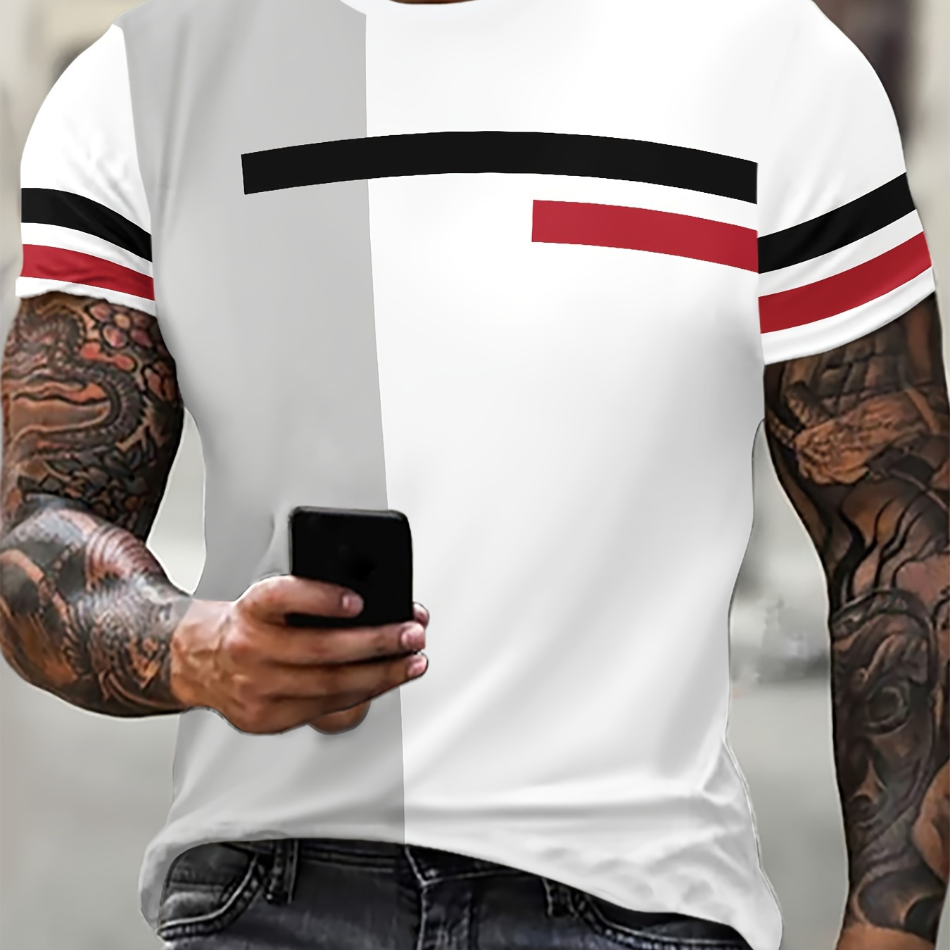 

Color Block Pattern T-shirt With Crew Neck And Short Sleeve, Casual And Chic Tops For Men's Summer Fitness Workout And Daily Wear