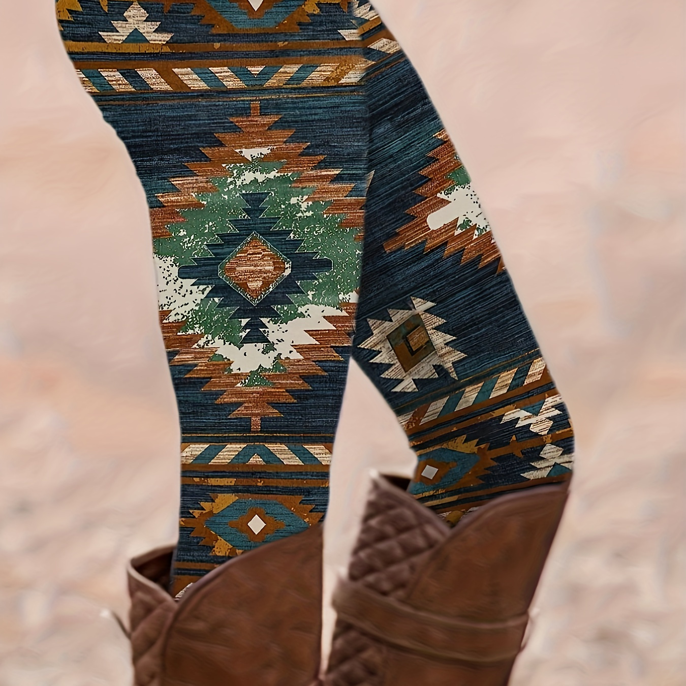 Western Ethnic Print Skinny Leggings Casual Elastic Waist - Temu