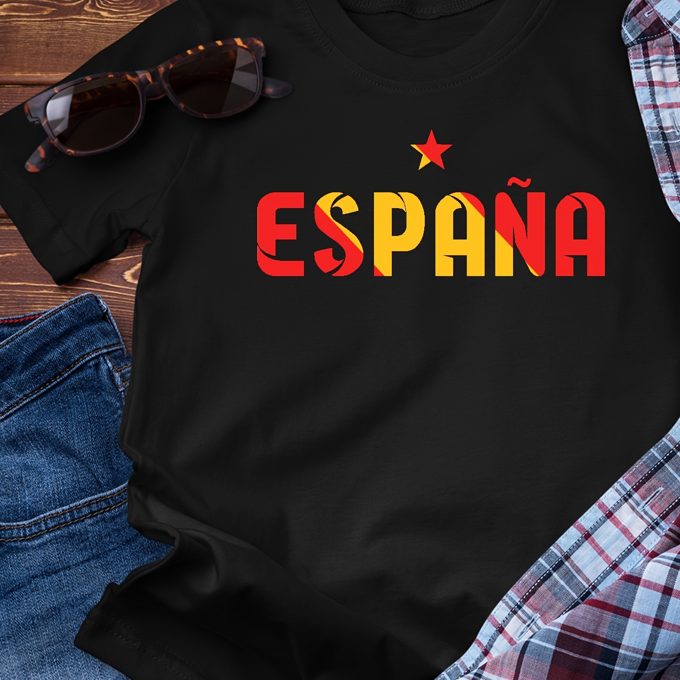 

Espana Letter Print Men's Crew Neck Short Sleeve Tees, Pure Cotton T-shirt, Casual Comfortable Lightweight Top For Summer
