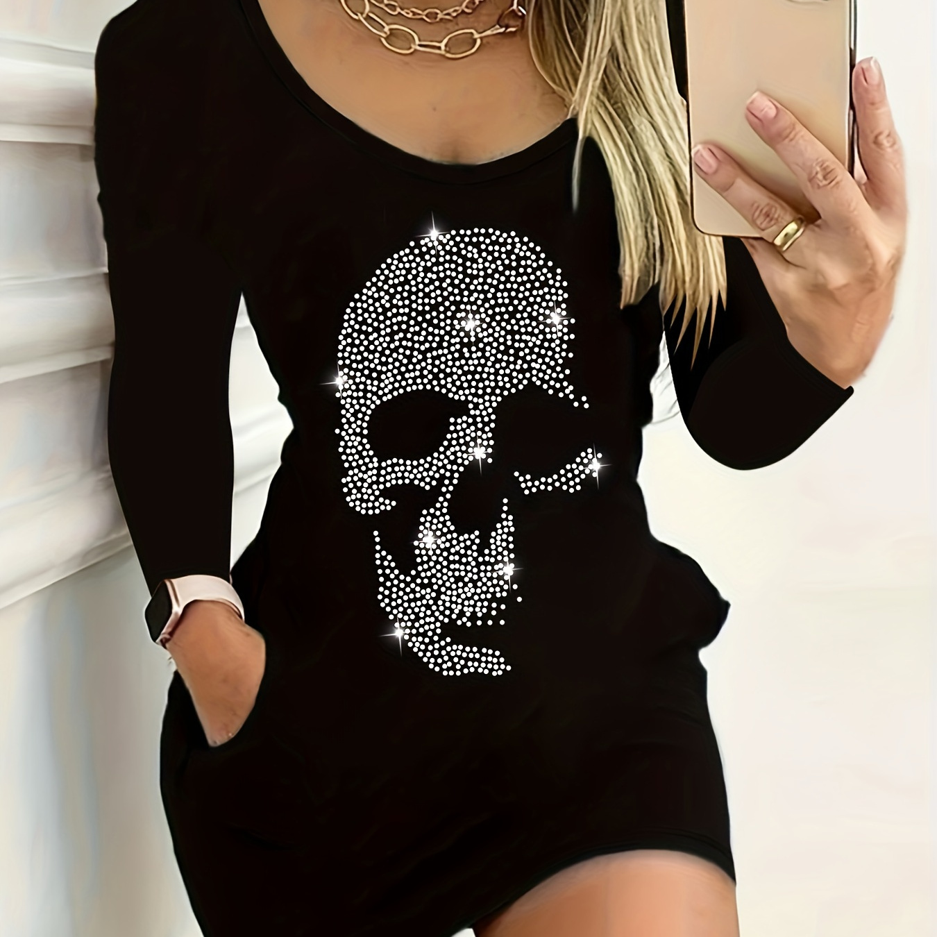 

Rhinestoned Crew Neck , Elegant Long Sleeve Bodycon Mini Dress For Club & Party, Women's Clothing