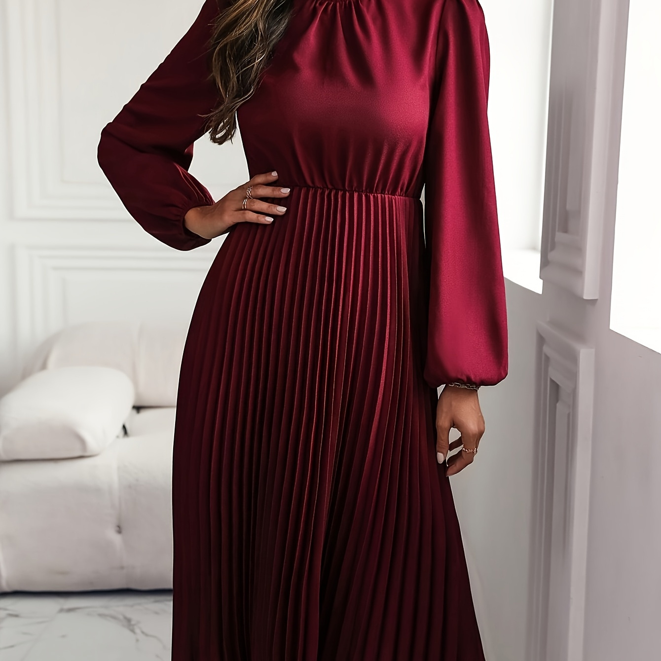 

Elegant Midi Dress With Lantern Sleeves And Pleated Hem - 100% Polyester, Machine Washable, Women' With Belt Detail, Fixed Color