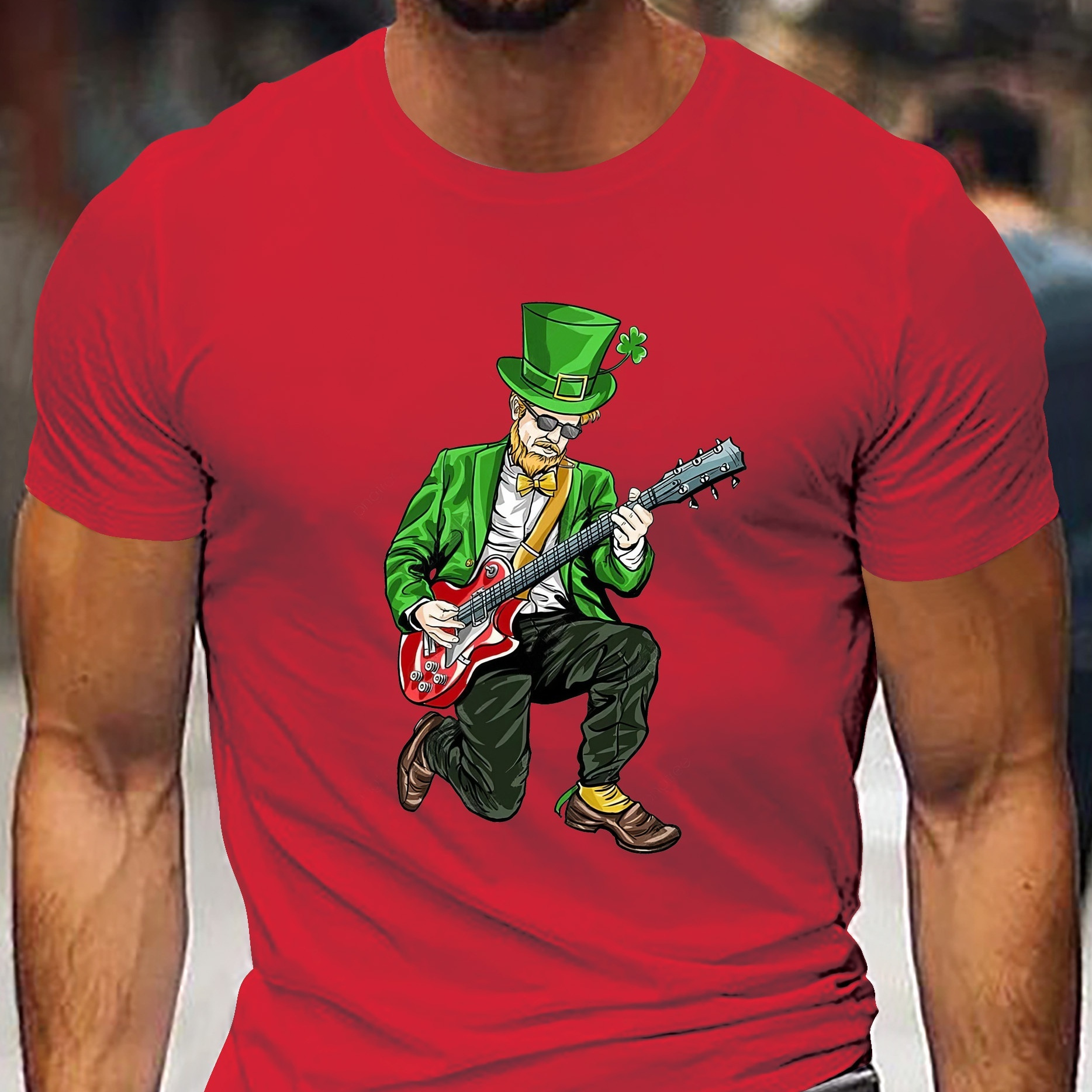 

St. Patrick's Day Theme Guitar Graphic Men's Short Sleeve T-shirt, Comfy Stretchy Trendy Tees For Summer, Casual Daily Style Fashion Clothing