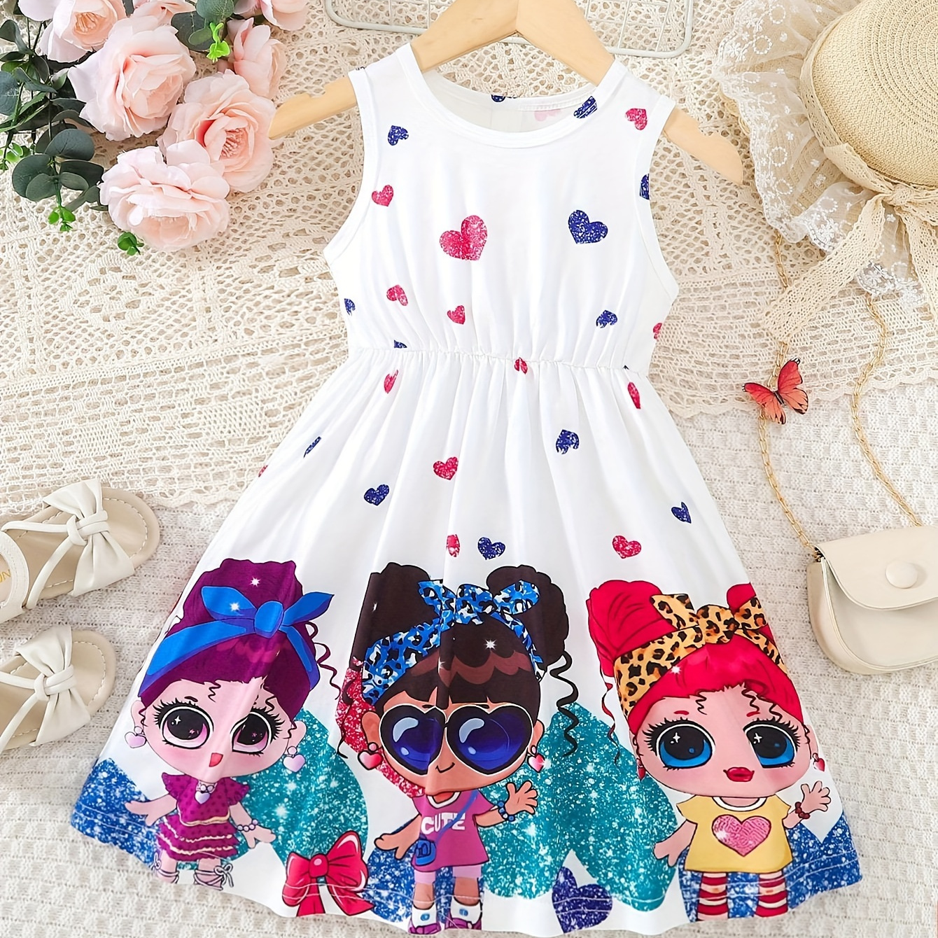 

Cute Cartoon Girls And Hearts Graphic Print, Girls' Casual Stylish Sleeveless Crew Neck Dress For Spring & Summer, Girls' Clothing