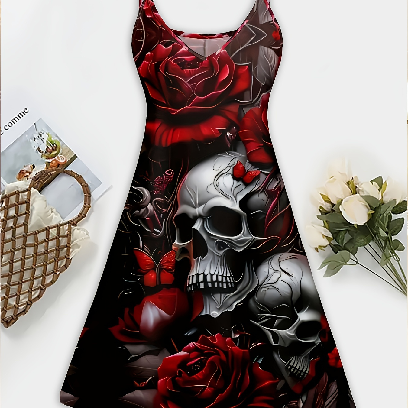 

Rose And Skull Print Dress, Casual Sleeveless V-neck A-line Strapless Dress For Women Halloween Costume