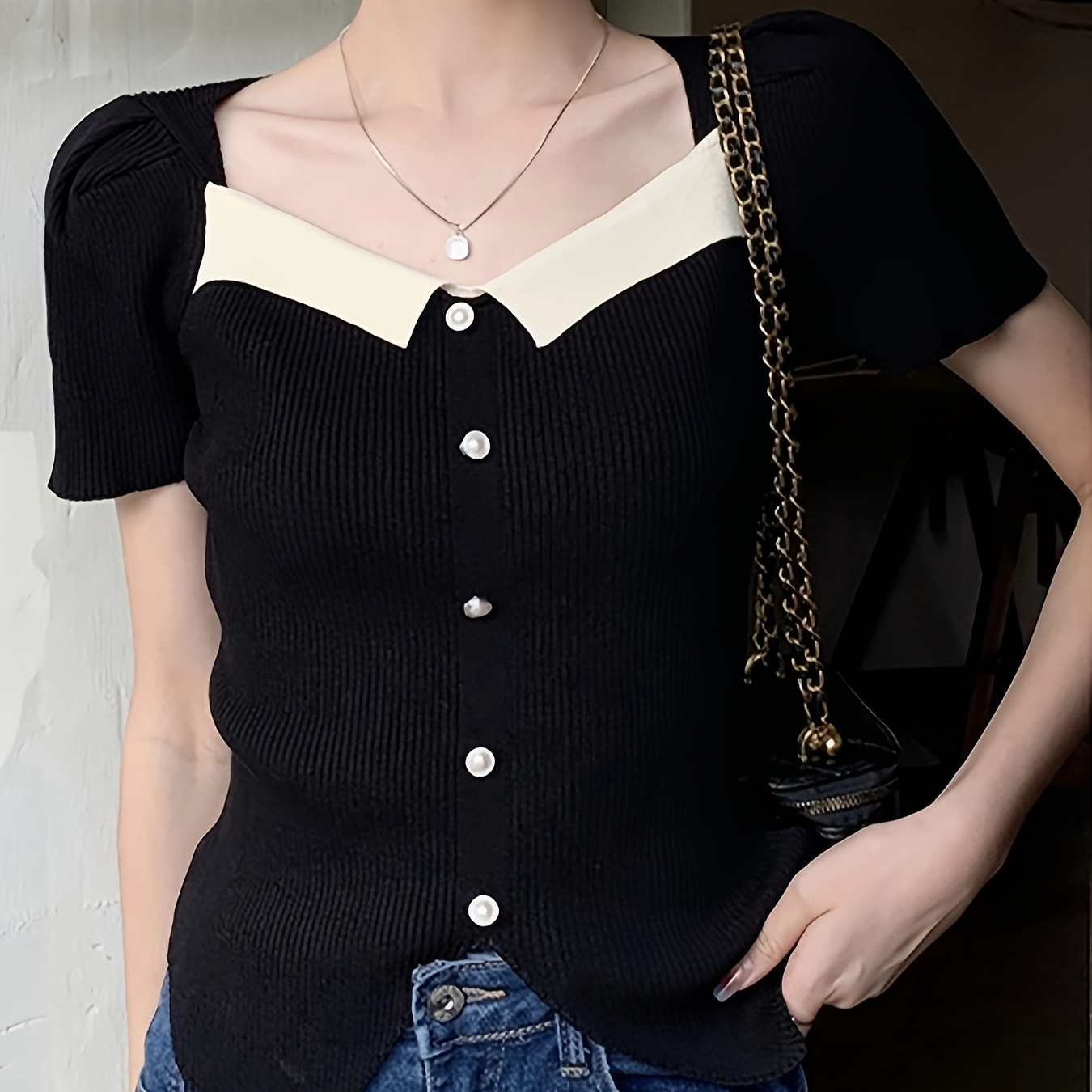 

Contrast Trim Button Front Pullover Sweater, Elegant Slim Short Sleeve Crop Knitted Sweater For Spring & Summer, Women's Clothing