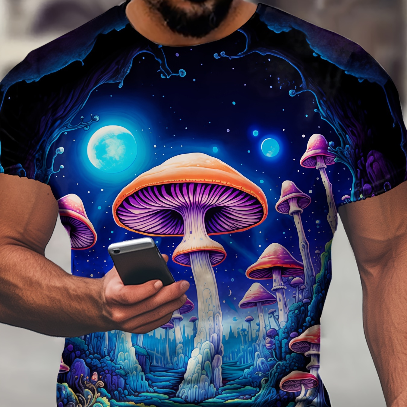 

Men's Cartoon Magical Mushroom Pattern Crew Neck T-shirt, Casual Comfy Tees Tshirts For Summer, Men's Clothing