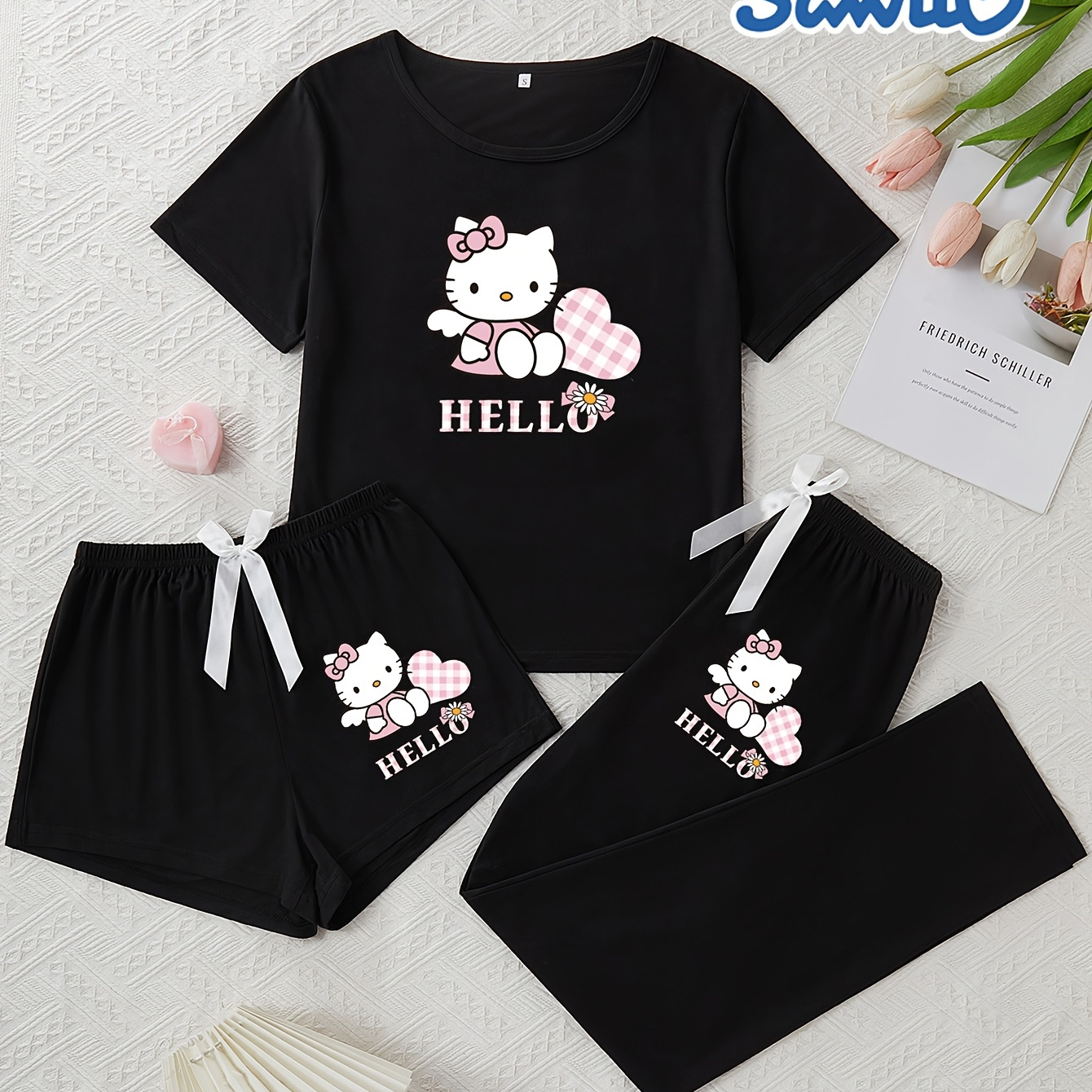 

Sanrio Hello Kitty Women's Pajamas And Loungewear Set Of 3 With Round Neck, Short Sleeves, Shorts And Long Pants, Cartoon Print, Comfortable And Warm