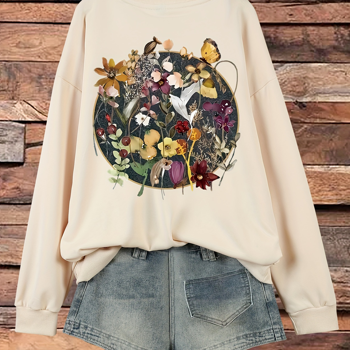 

Plus Size Floral Print Sweatshirt, Casual Long Sleeve Crew Neck Pullover Sweatshirt For Fall & Winter, Women's Plus Size Clothing