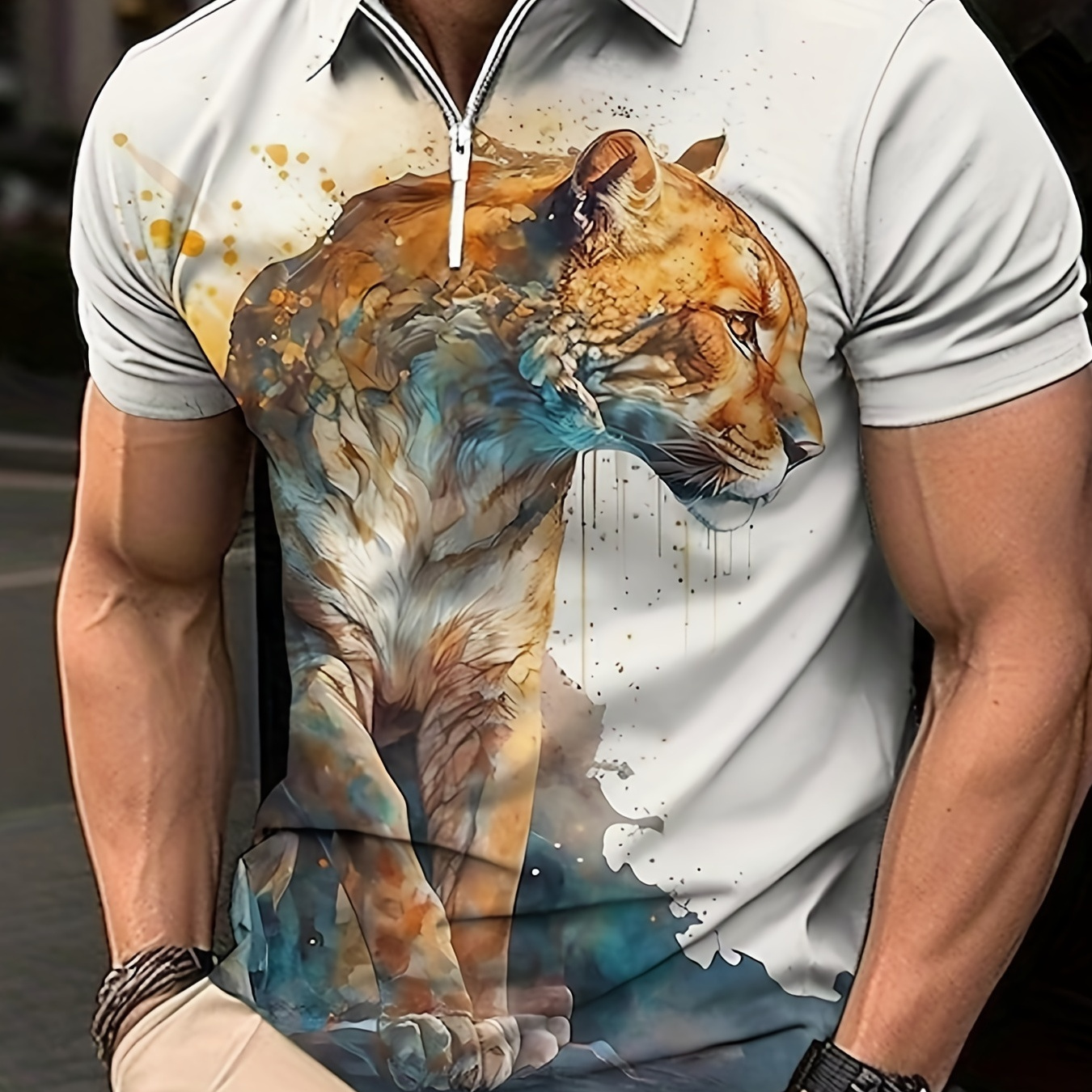 Plus Size Men's 3D Lion Print Polo Shirt Slim Fit Casual Fashion Golf Shirt Short Sleeve Tops For Summer, Men's Clothing