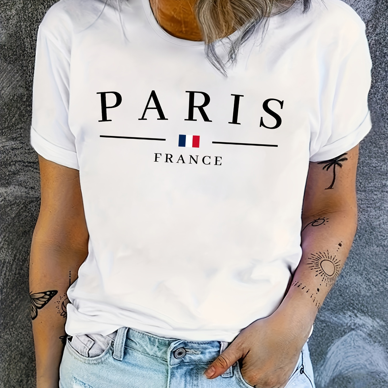 

Paris Letter Print Loose T-shirt, Short Sleeve Crew Neck Casual Top For Summer & Spring, Women's Clothing