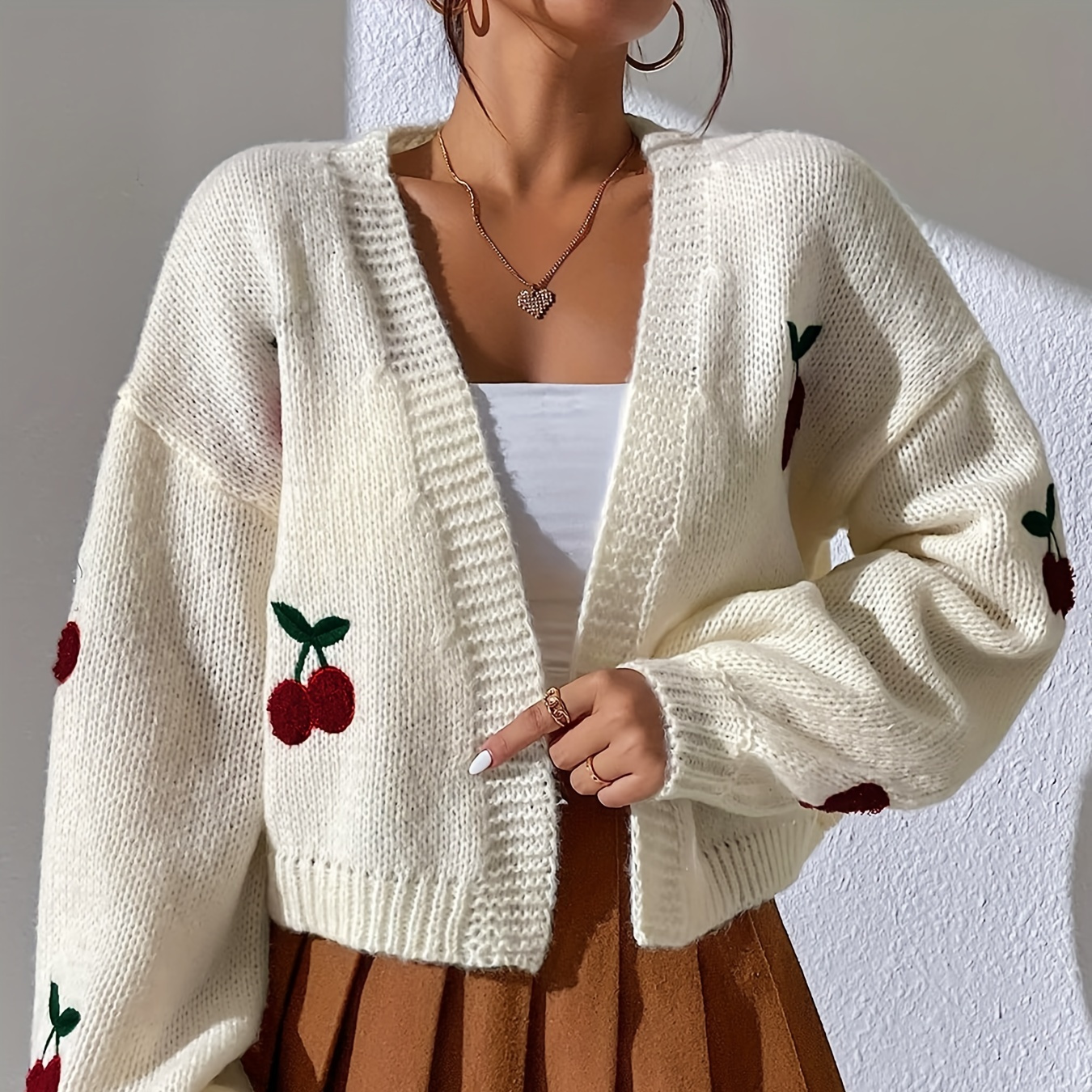 

Cherry Embroidered Crop Knit Cardigan, Casual Open Front Lantern Sleeve Sweater, Women's Clothing