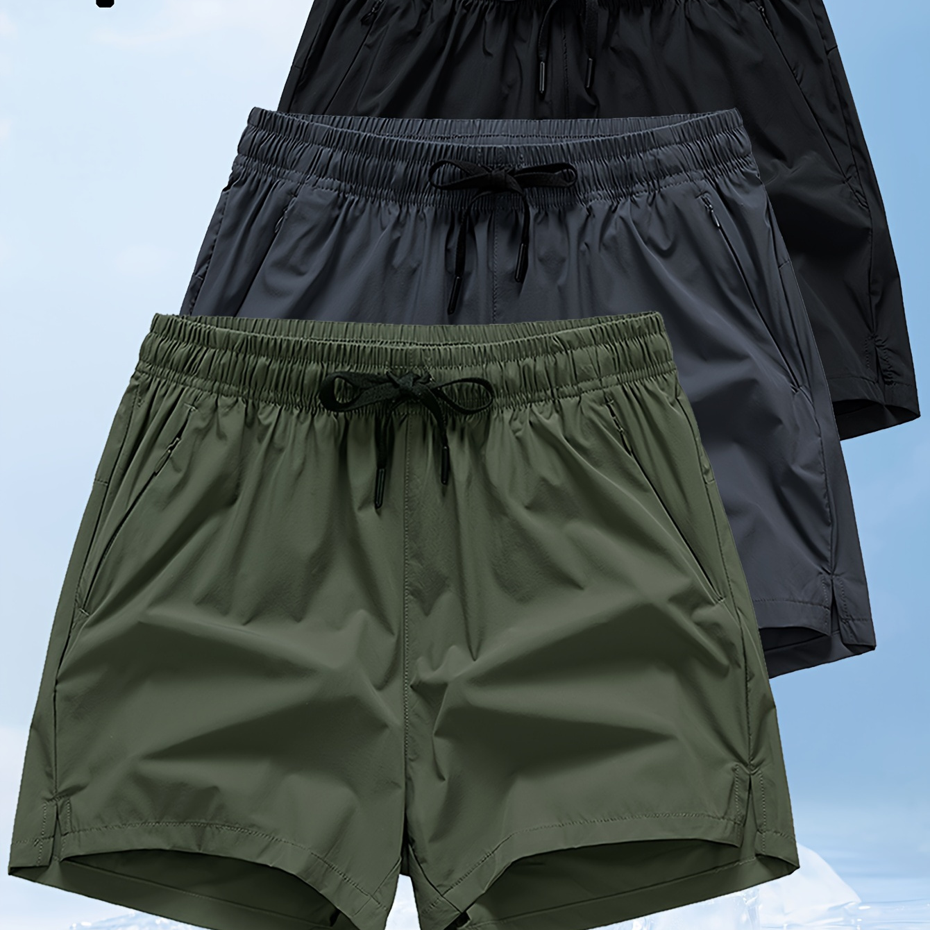 

3 Pcs Men' Shorts With Pockets, Active Waist Drawstring Shorts For Summer