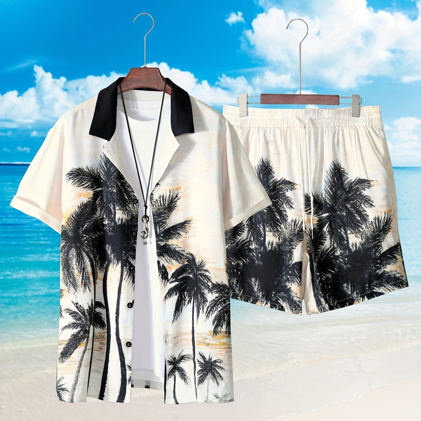 Temu Plus Size Tropical Trees Print Men's Beach Vacation Shirt Shorts Set for Summer, Hawaiian Style Oversized Graphic 2pcs Outfits for Big & Tall Guys