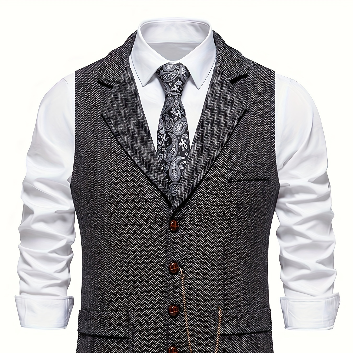 

Men's Retro Herringbone Single Breasted Dress Waistcoat, Elegant Lapel Vest For Business Banquet Wedding