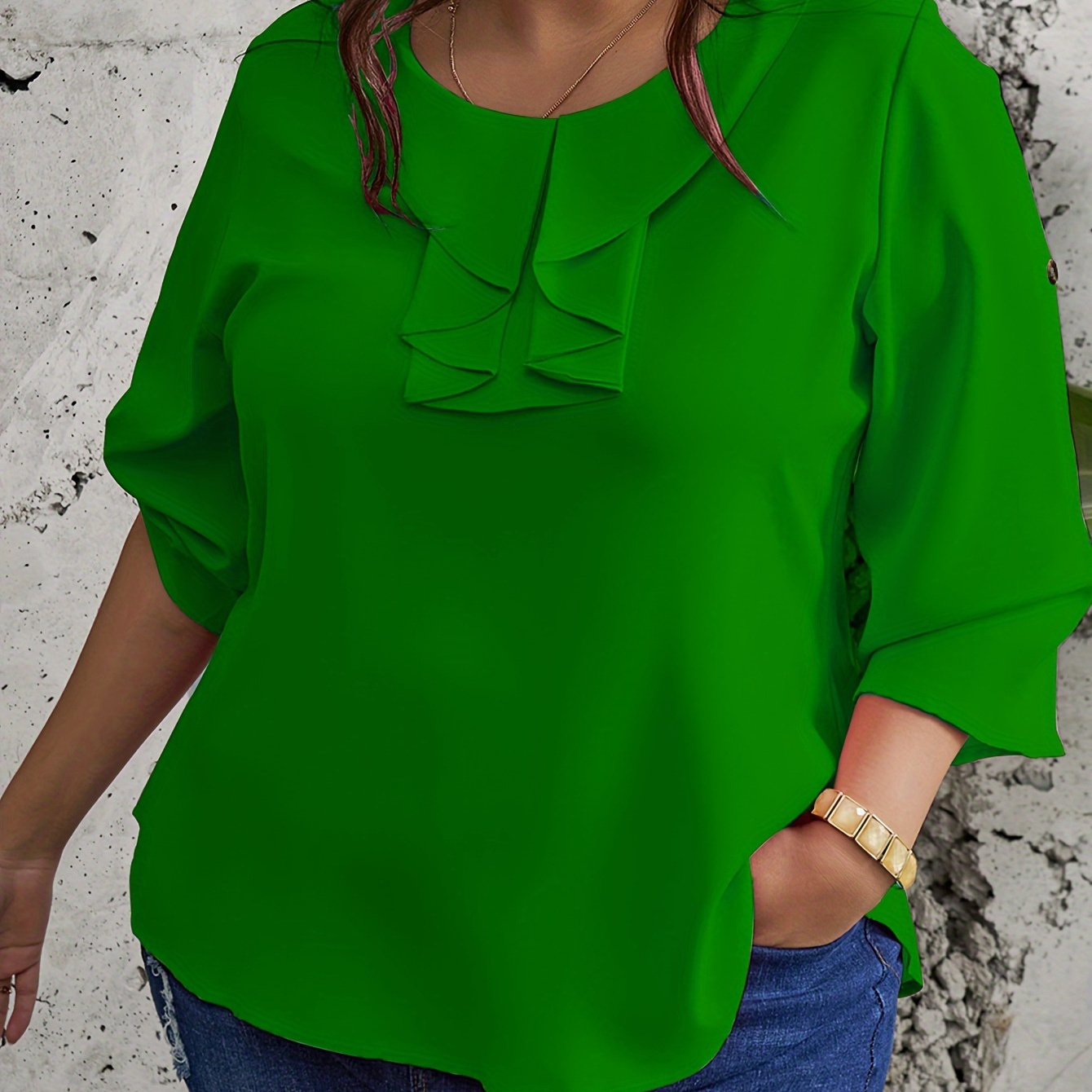 

Plus Size Ruffle Trim Crew Neck Blouse, Casual 3/4 Sleeve Blouse For , Women's Plus Size Clothing