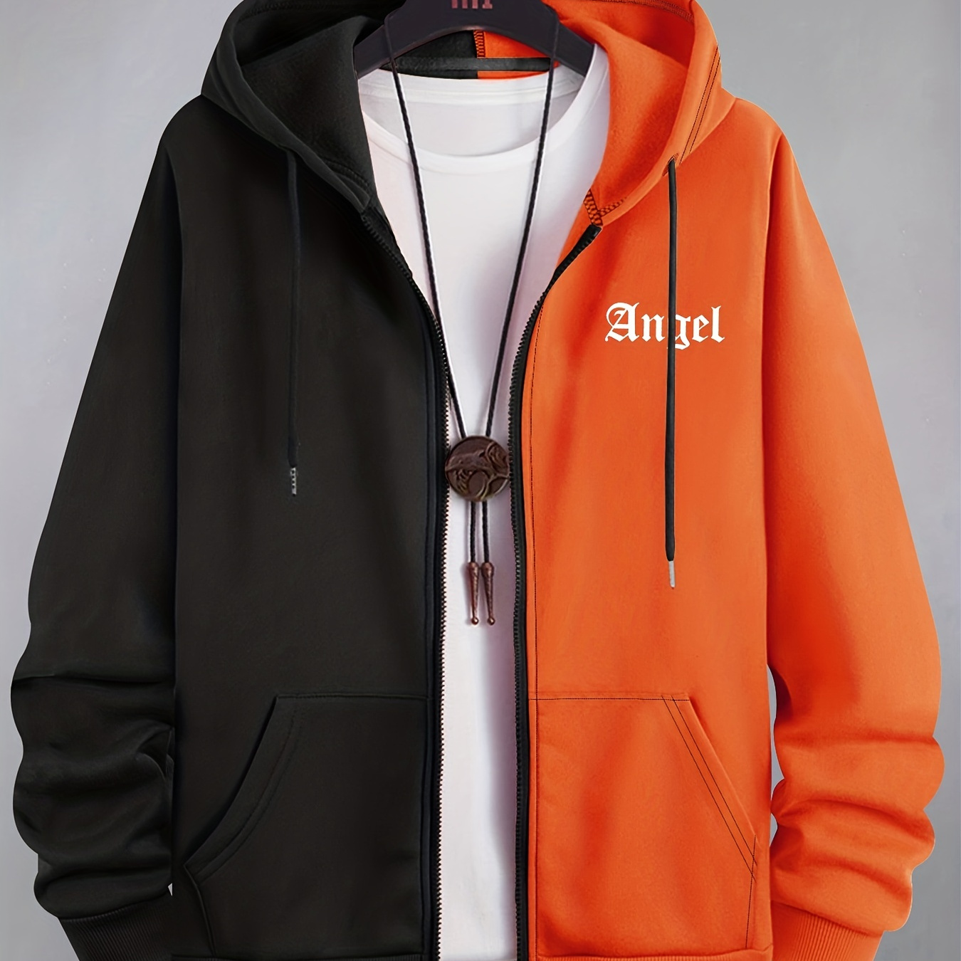 

Angel Print, Color Patchwork Men's Hooded Sweatshirt Casual Long Sleeve Hoodies With Full Zip Up Gym Sports Hooded Jacket