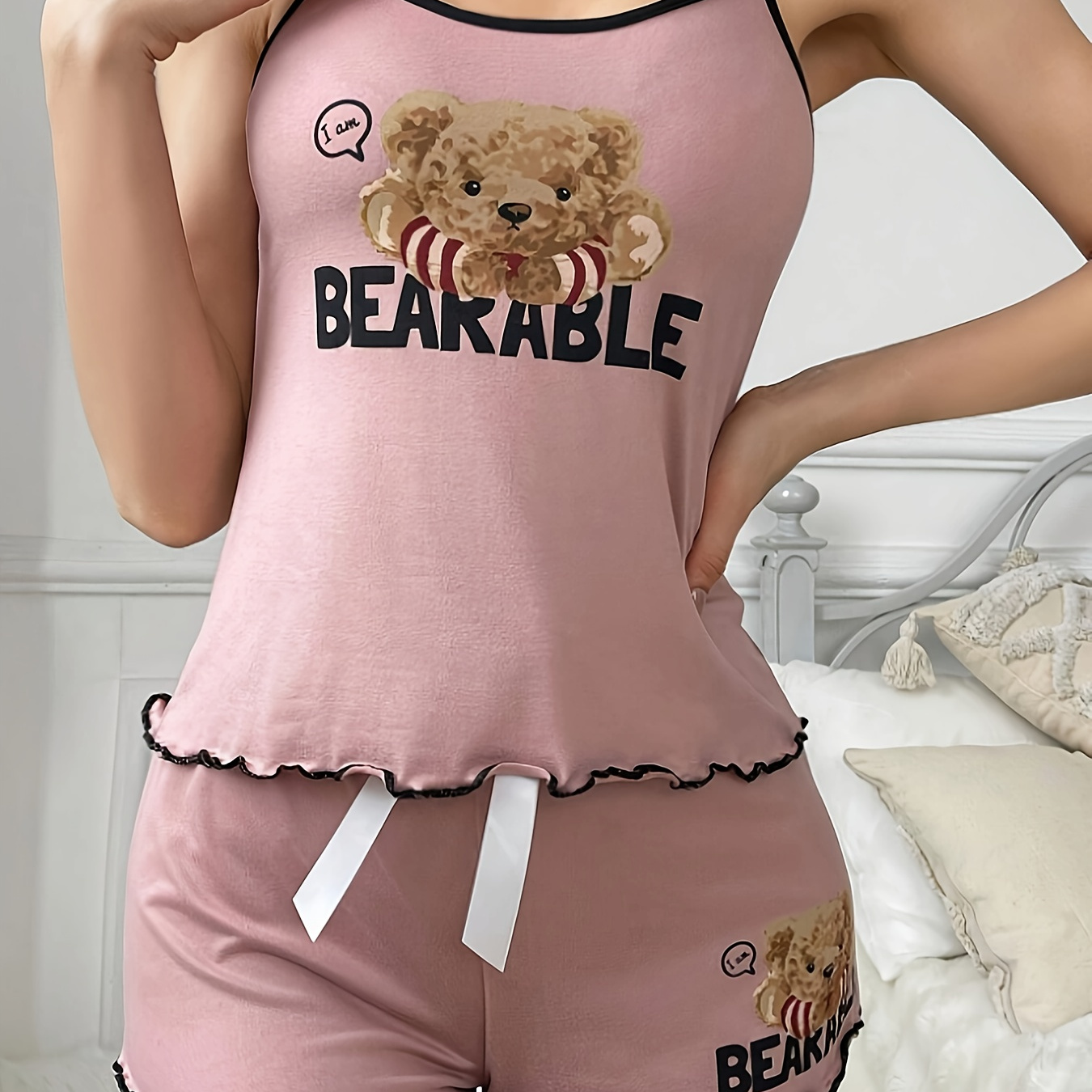 

Women's Cute Bear & Letter Print Frill Trim Pajama Set, Round Neck Backless Cami Top & Shorts, Comfortable Relaxed Fit, Summer Nightwear