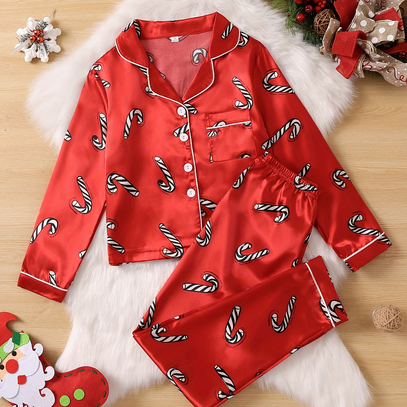 

[2-piece Set] Christmas Girl's Cardigan Lapel Red Christmas Candy Bar Printed Casual Long Sleeve Pants Pajamas Suit