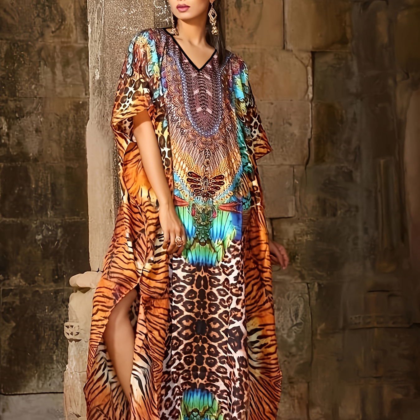 

Ramadan Tiger Pattern V Neck Kaftan, Elegant Batwing Sleeve Maxi Dress, Women's Clothing
