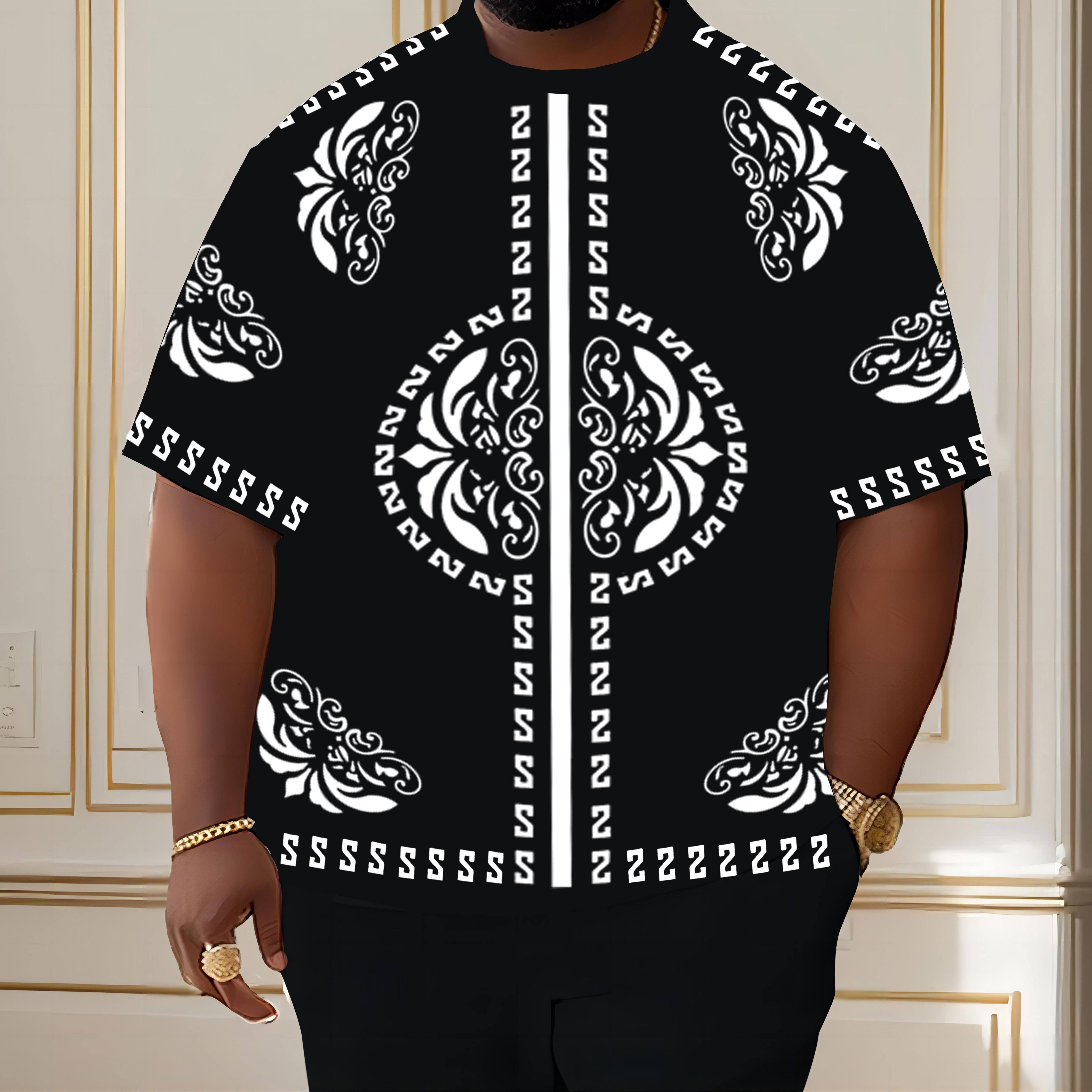 

2pcs, Plus Size, Men's Crew Neck Short Sleeve T-shirt With Ethnic Pattern Print & Sweatpants Set, Men's Outdoor Sports Set & Trendy Outfit For