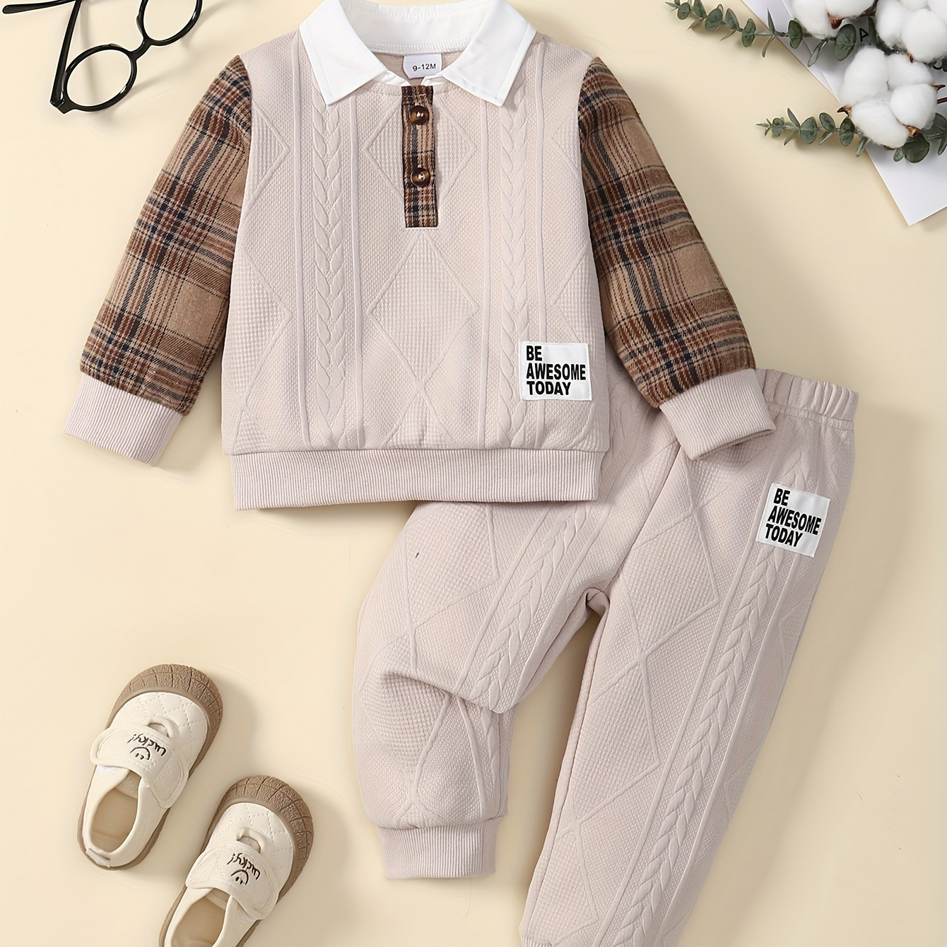 

2pcs Baby's Plain Pattern Splicing Jacquard Long Sleeve Top & Casual Pants, Toddler & Infant Boy's Clothing Set For Spring Fall