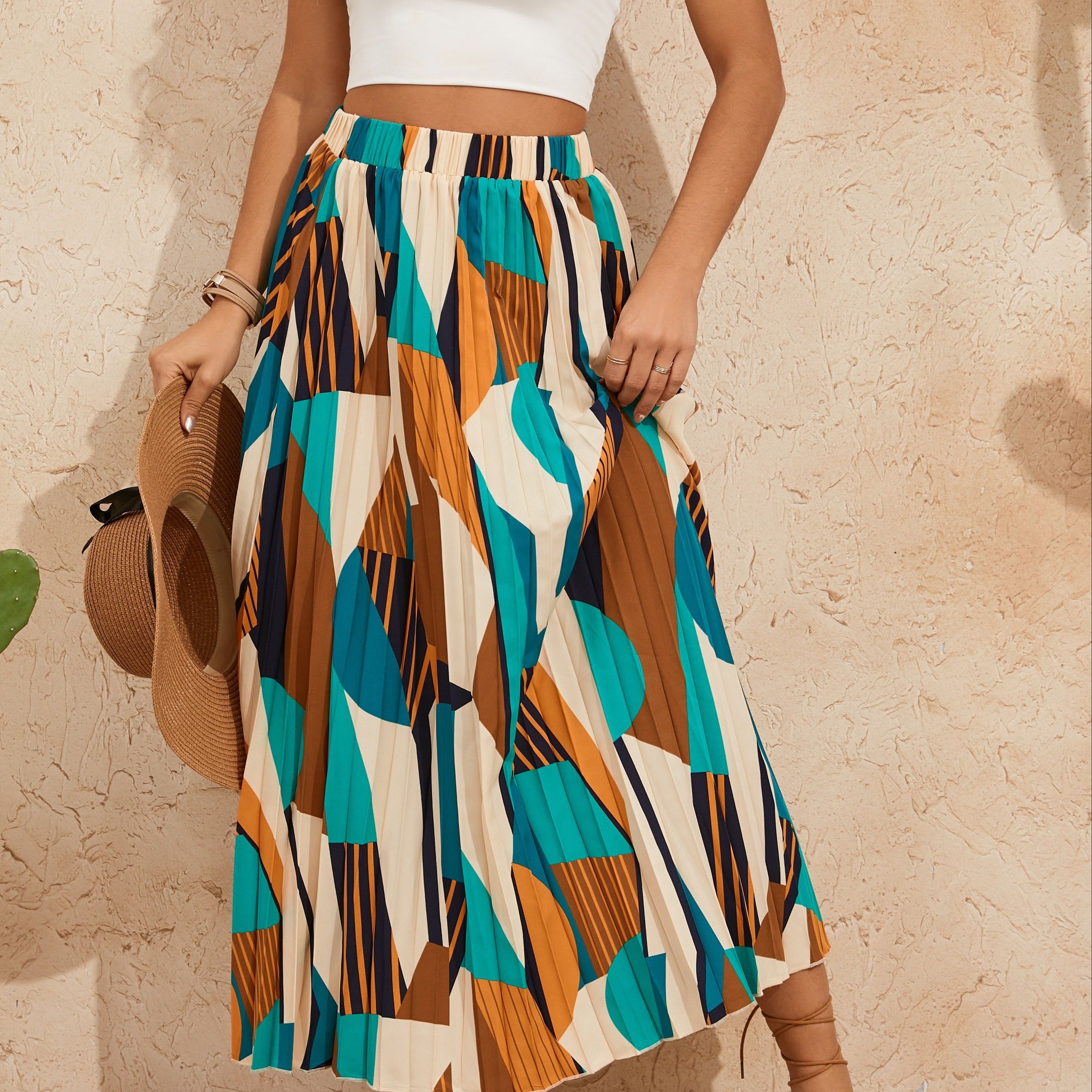 

Geo Print High Waist Skirt, Elegant Pleated A-line Skirt For Spring & Summer, Women's Clothing