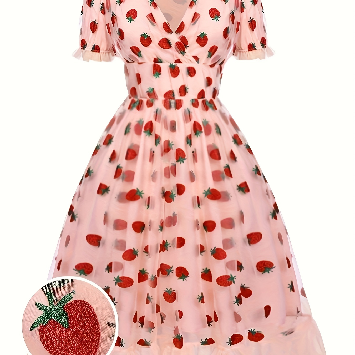 

1pc Y2k Style Pink Strawberry Print V-neck Peplum Dress, 1950s Inspired Spring/summer Knit Fabric With Mesh , 95% Polyester 5% Elastane